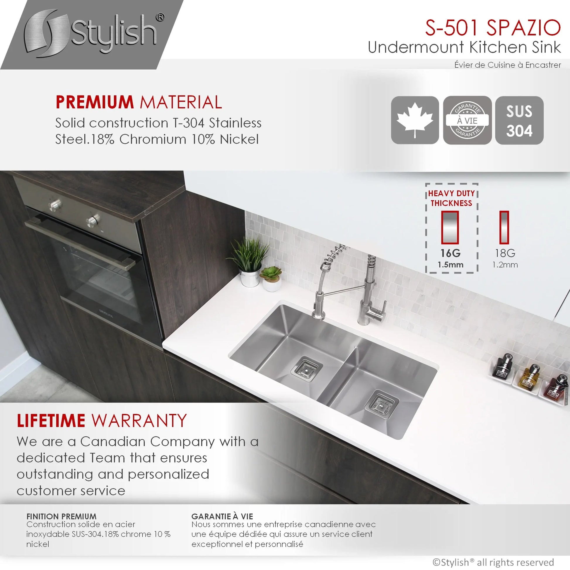 STYLISH 33 inch Slim Low Divider Double Bowl Undermount Stainless Steel Kitchen Sink S-501XG - Plumbing Market