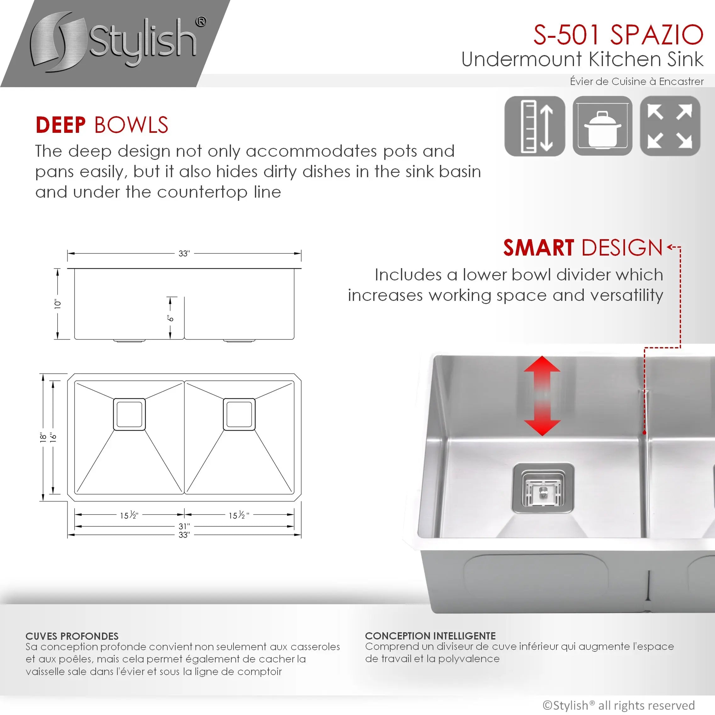 STYLISH 33 inch Slim Low Divider Double Bowl Undermount Stainless Steel Kitchen Sink S-501XG - Plumbing Market