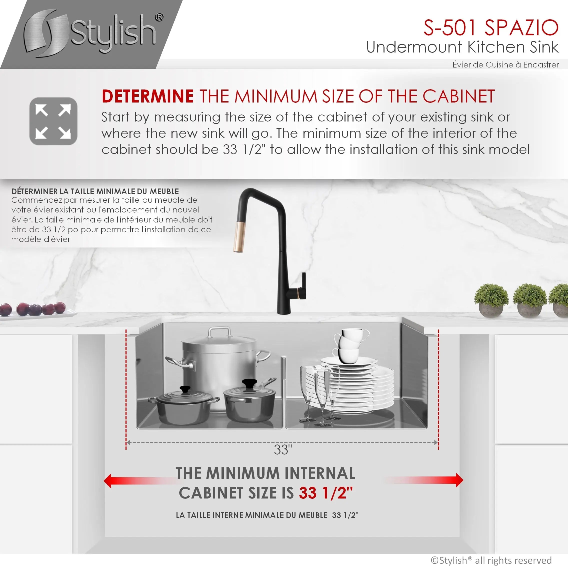 STYLISH 33 inch Slim Low Divider Double Bowl Undermount Stainless Steel Kitchen Sink S-501XG - Plumbing Market