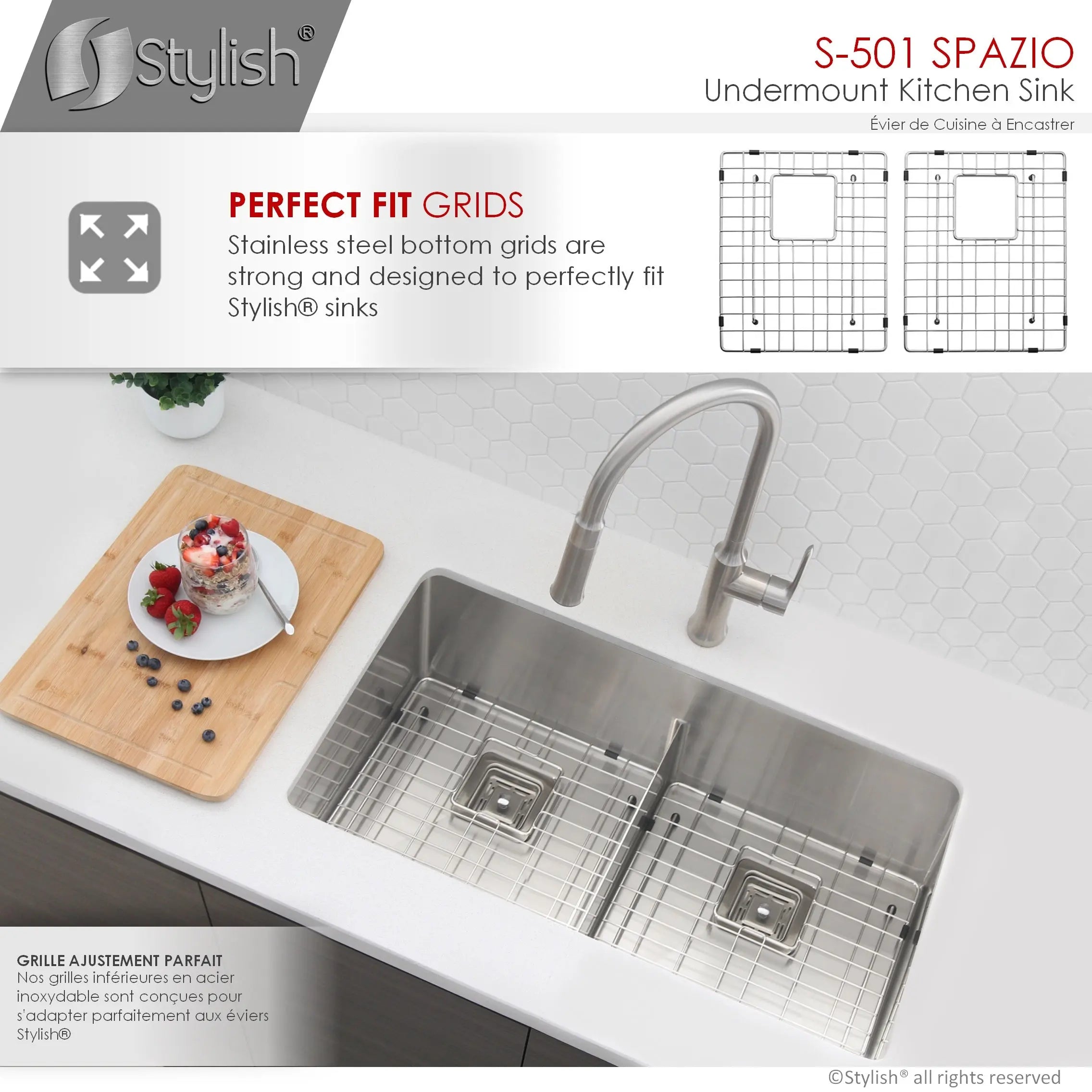 STYLISH 33 inch Slim Low Divider Double Bowl Undermount Stainless Steel Kitchen Sink S-501XG - Plumbing Market
