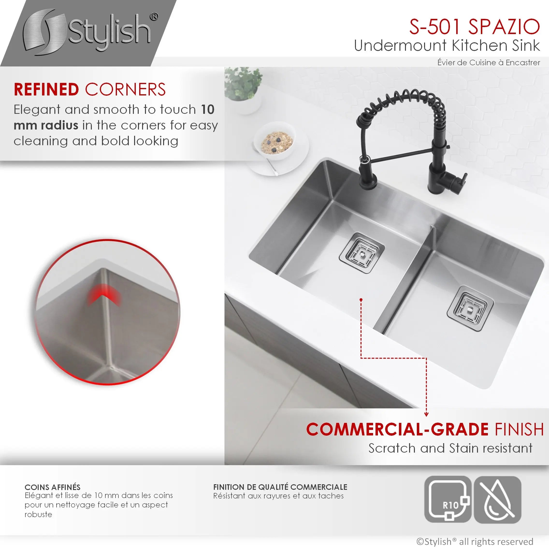 STYLISH 33 inch Slim Low Divider Double Bowl Undermount Stainless Steel Kitchen Sink S-501XG - Plumbing Market