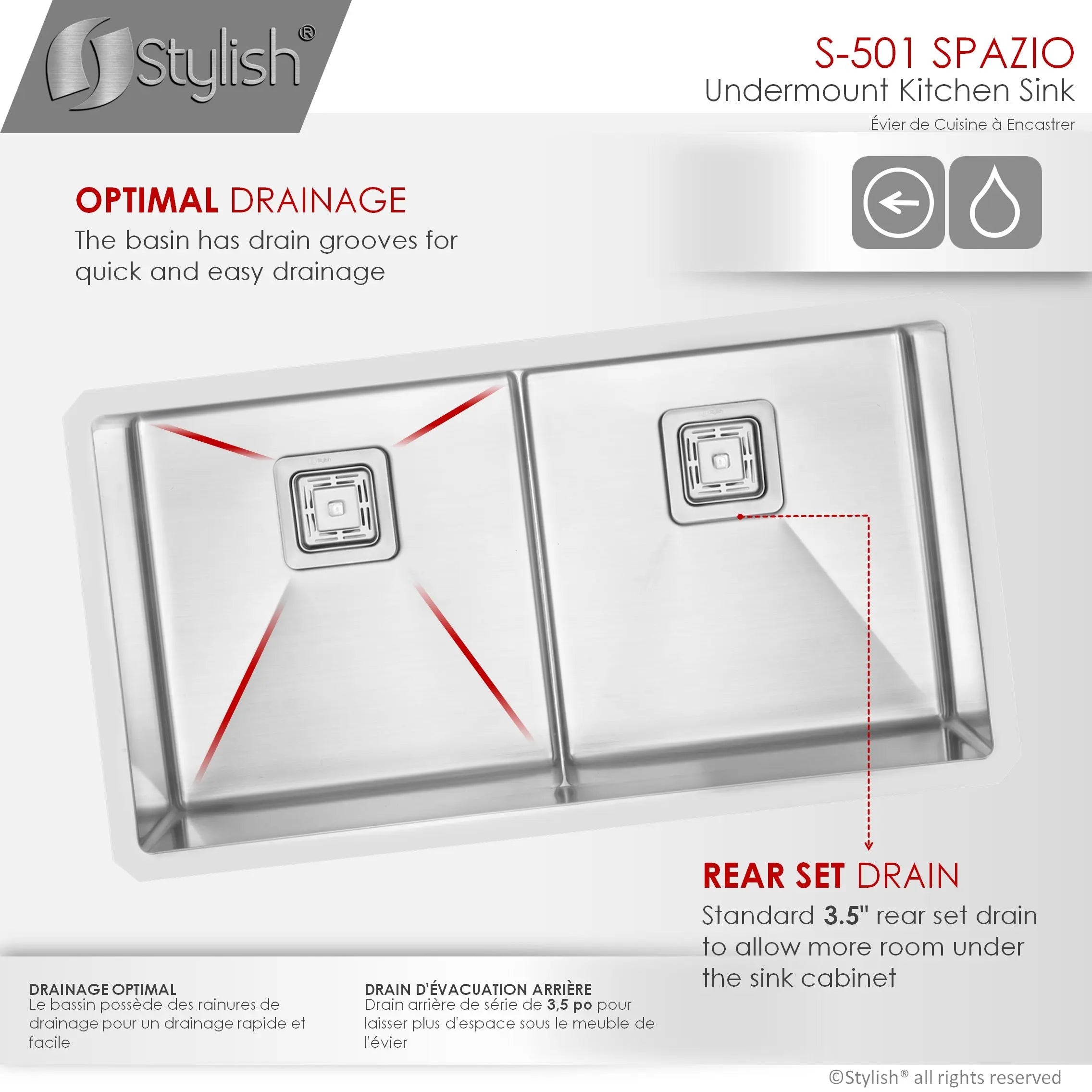 STYLISH 33 inch Slim Low Divider Double Bowl Undermount Stainless Steel Kitchen Sink S-501XG - Plumbing Market