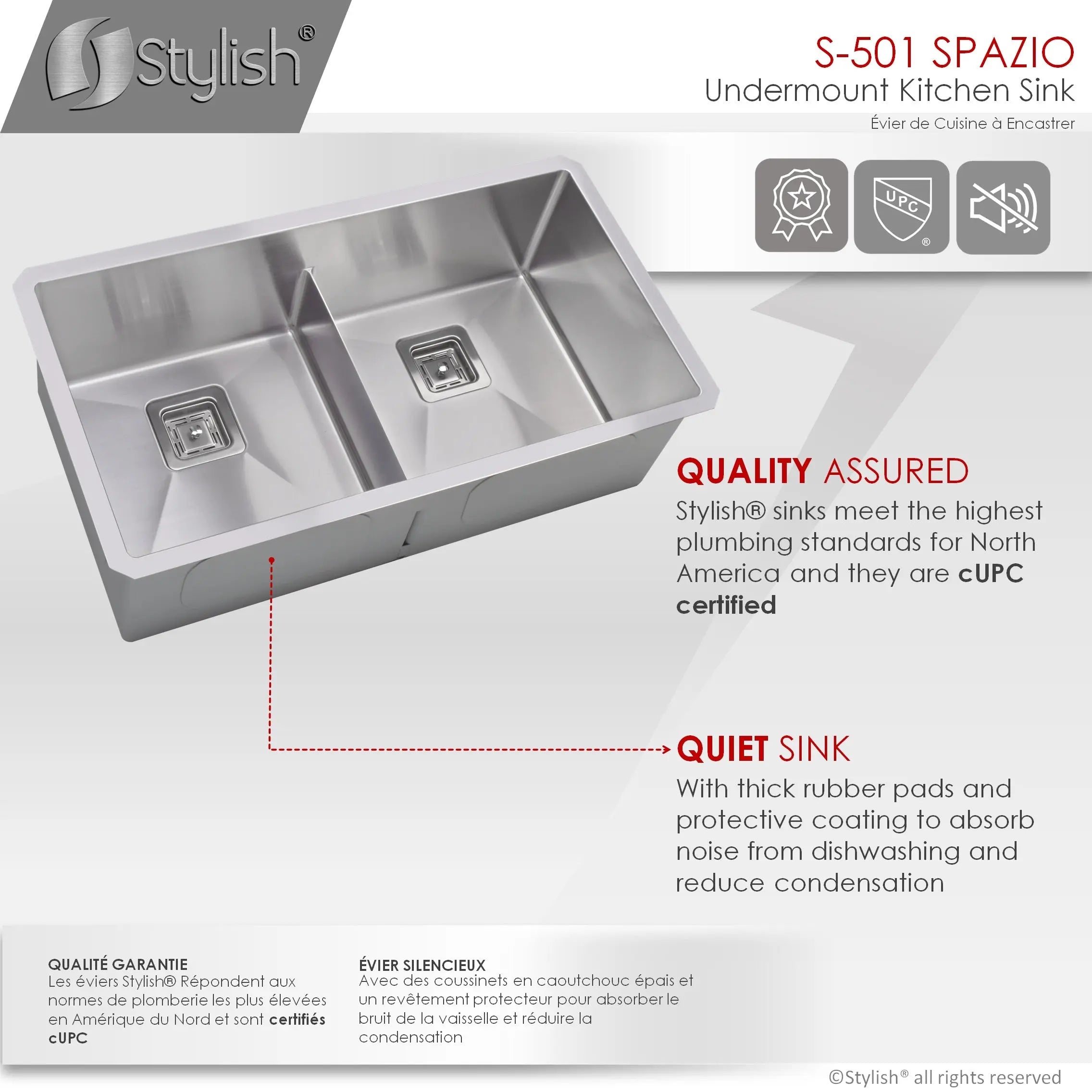 STYLISH 33 inch Slim Low Divider Double Bowl Undermount Stainless Steel Kitchen Sink S-501XG - Plumbing Market
