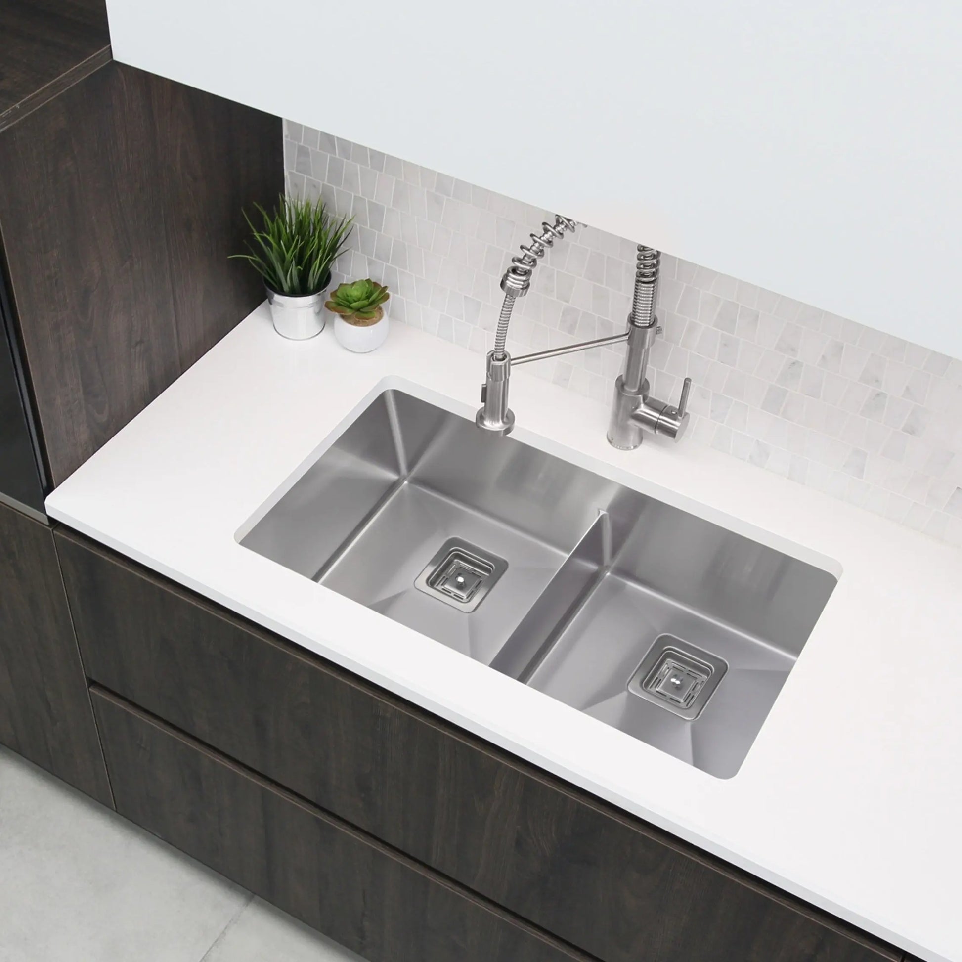 STYLISH 33 inch Slim Low Divider Double Bowl Undermount Stainless Steel Kitchen Sink S-501XG - Plumbing Market