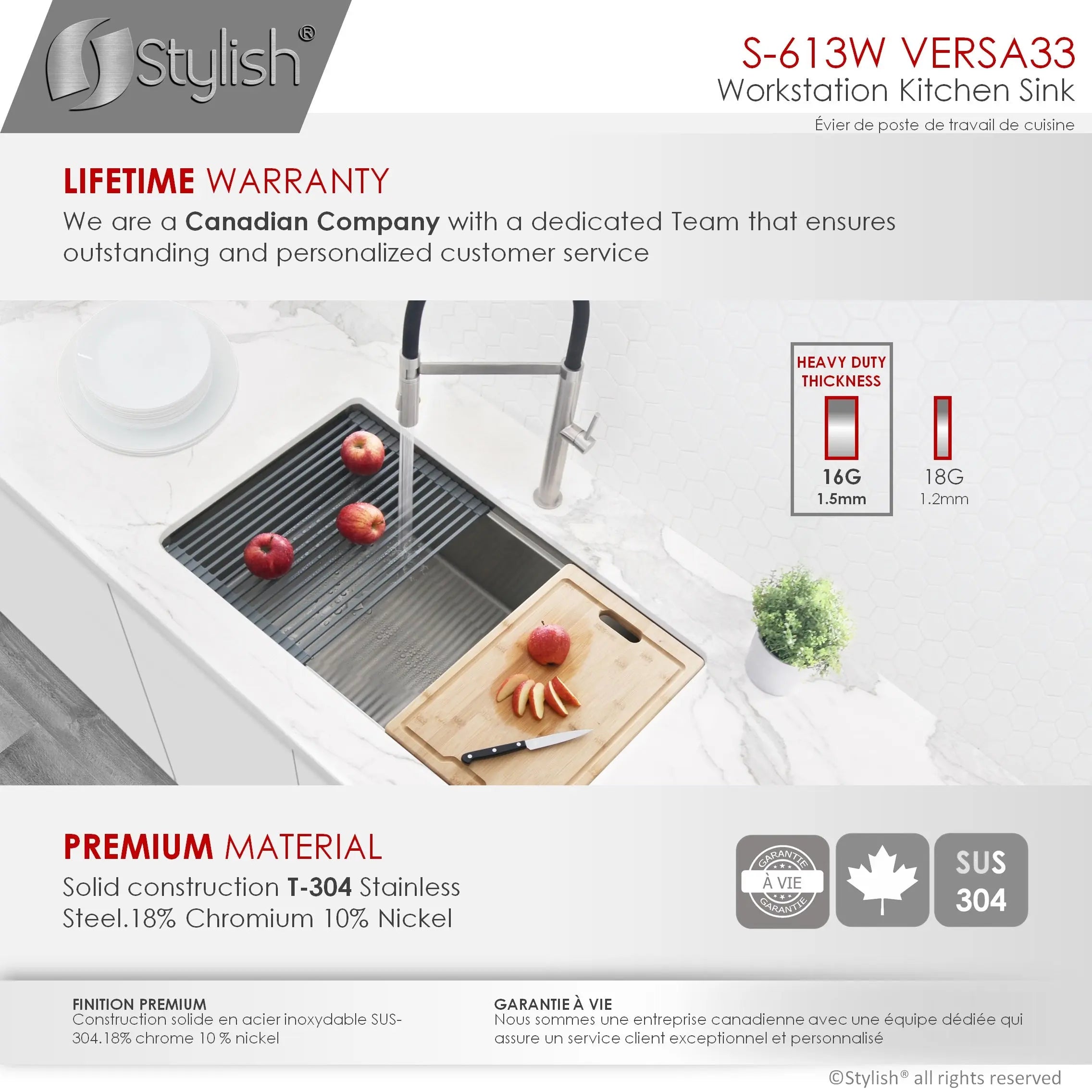 STYLISH 33 inch Workstation Single Bowl Undermount 16 Gauge Stainless Steel Kitchen Sink with Built in Accessories S-613W - Plumbing Market