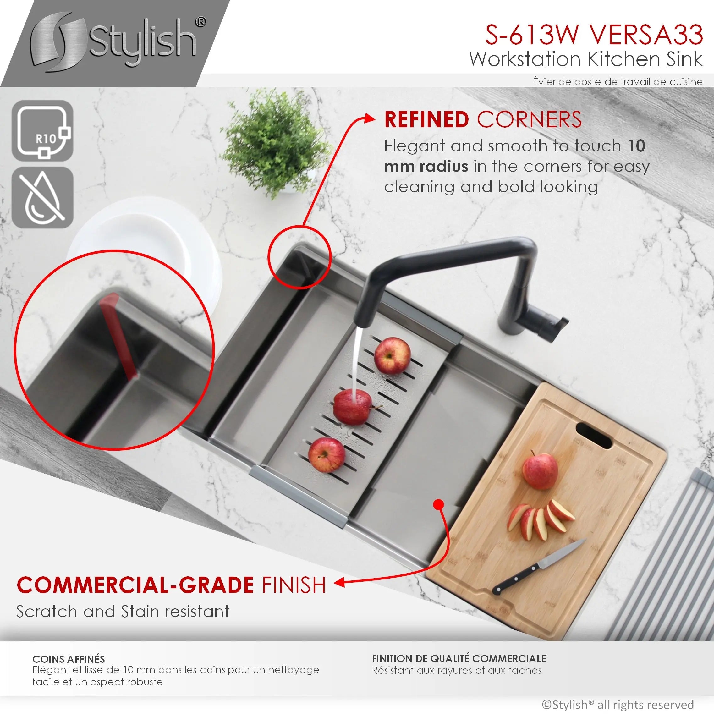 STYLISH 33 inch Workstation Single Bowl Undermount 16 Gauge Stainless Steel Kitchen Sink with Built in Accessories S-613W - Plumbing Market