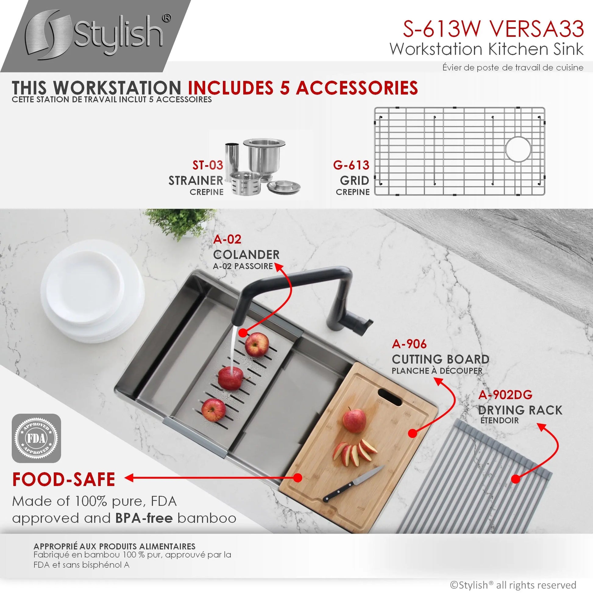 STYLISH 33 inch Workstation Single Bowl Undermount 16 Gauge Stainless Steel Kitchen Sink with Built in Accessories S-613W - Plumbing Market