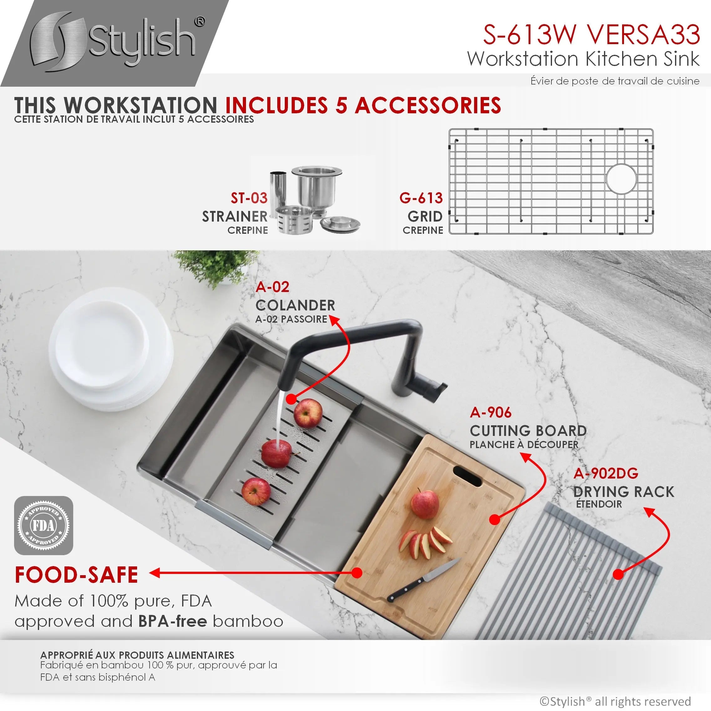 STYLISH 33 inch Workstation Single Bowl Undermount 16 Gauge Stainless Steel Kitchen Sink with Built in Accessories S-613W - Plumbing Market