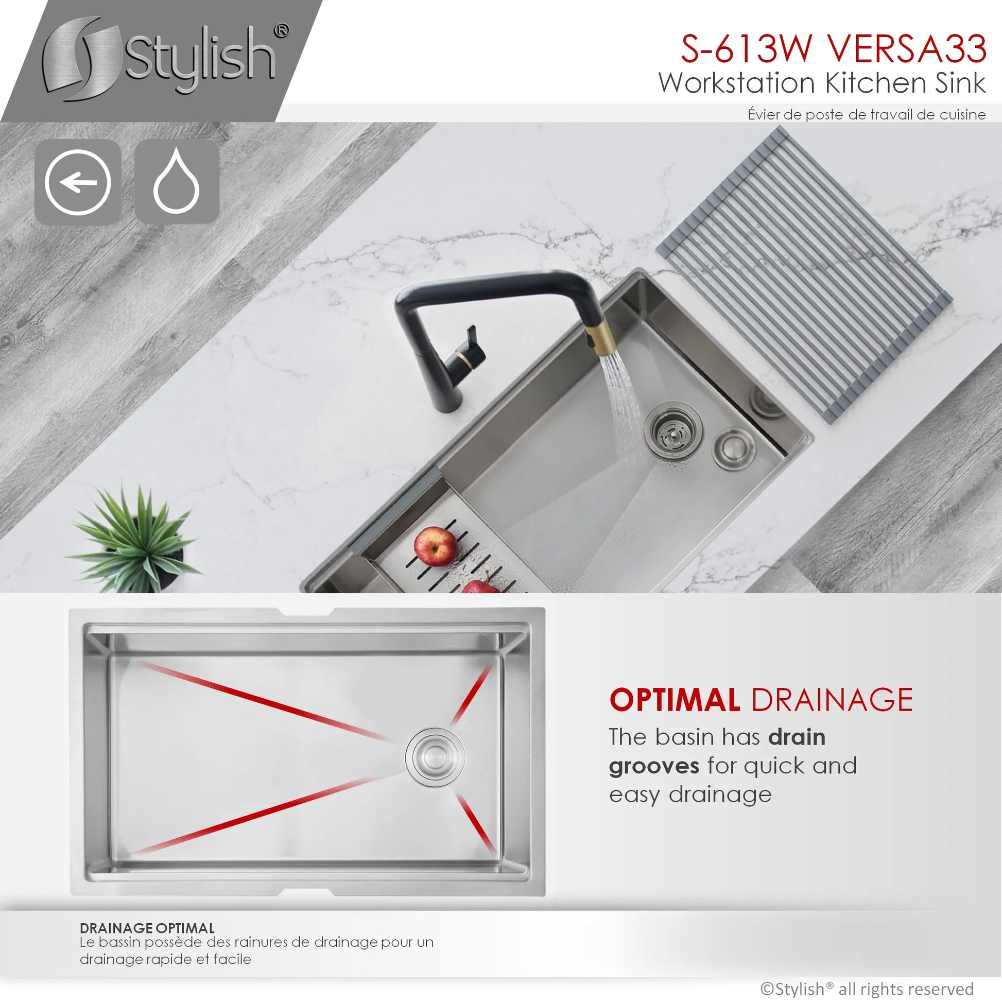 STYLISH 33 inch Workstation Single Bowl Undermount 16 Gauge Stainless Steel Kitchen Sink with Built in Accessories S-613W - Plumbing Market