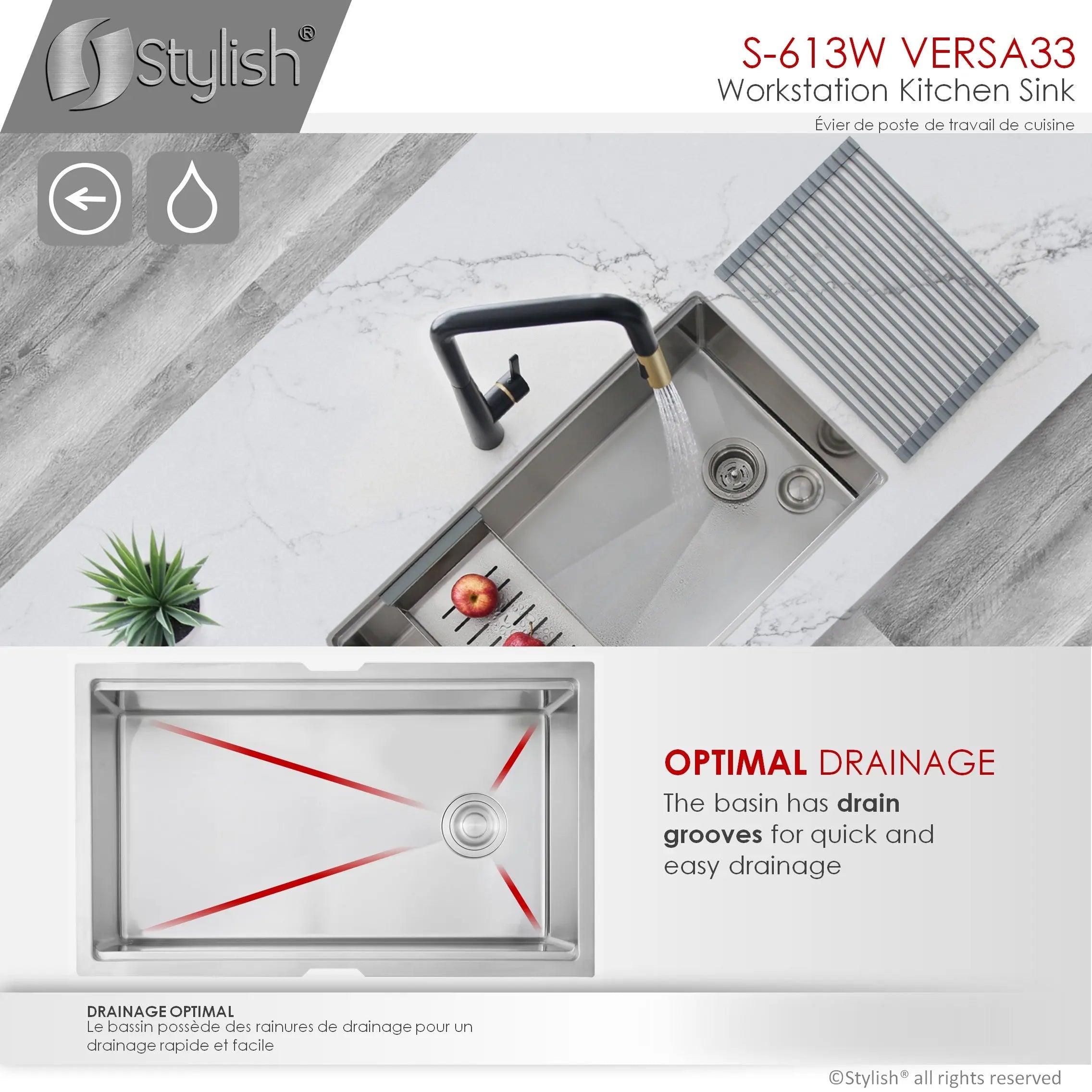 STYLISH 33 inch Workstation Single Bowl Undermount 16 Gauge Stainless Steel Kitchen Sink with Built in Accessories S-613W - Plumbing Market