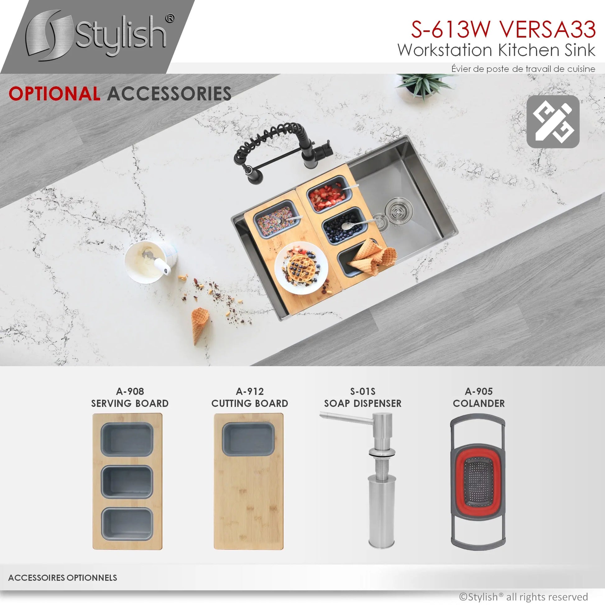 STYLISH 33 inch Workstation Single Bowl Undermount 16 Gauge Stainless Steel Kitchen Sink with Built in Accessories S-613W - Plumbing Market