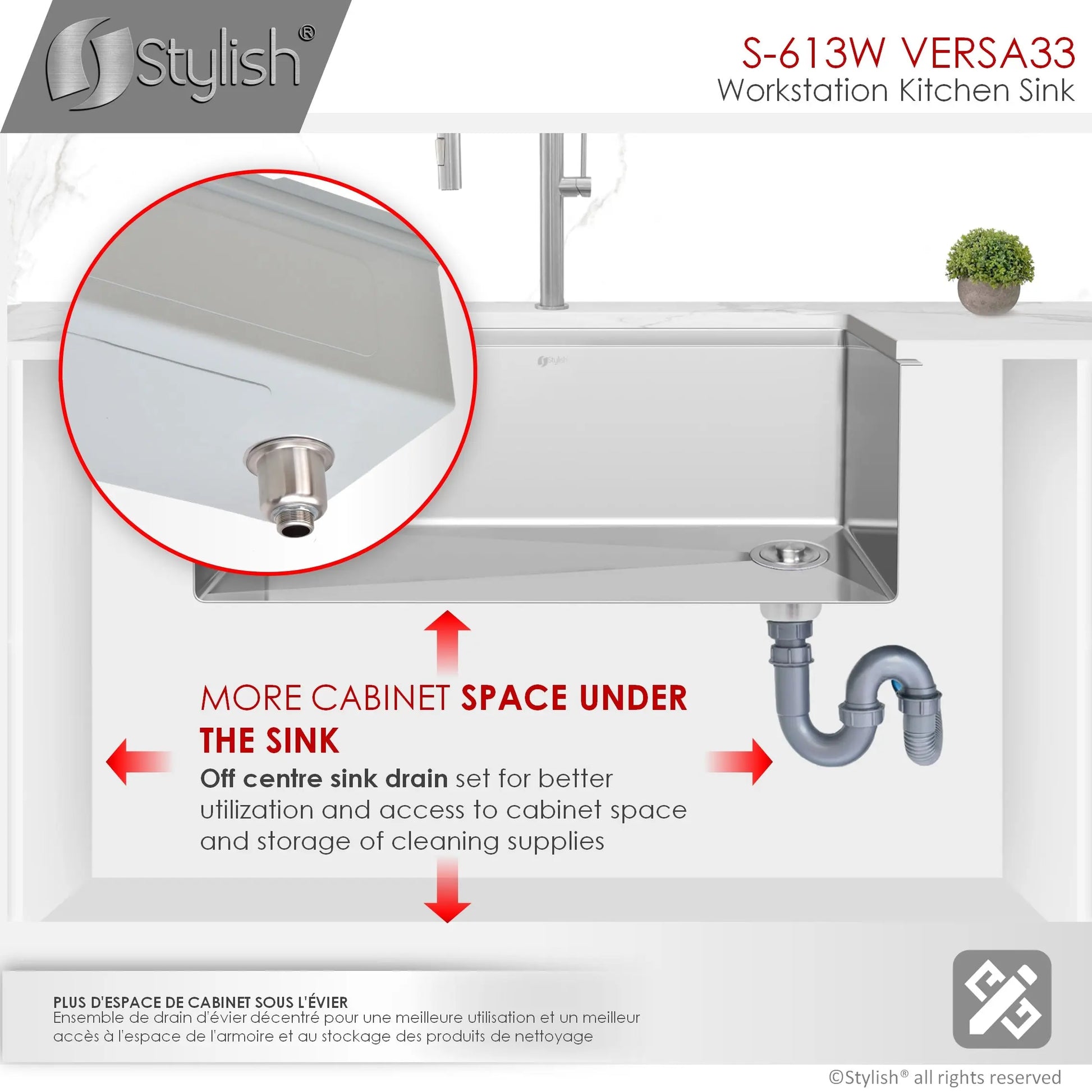 STYLISH 33 inch Workstation Single Bowl Undermount 16 Gauge Stainless Steel Kitchen Sink with Built in Accessories S-613W - Plumbing Market