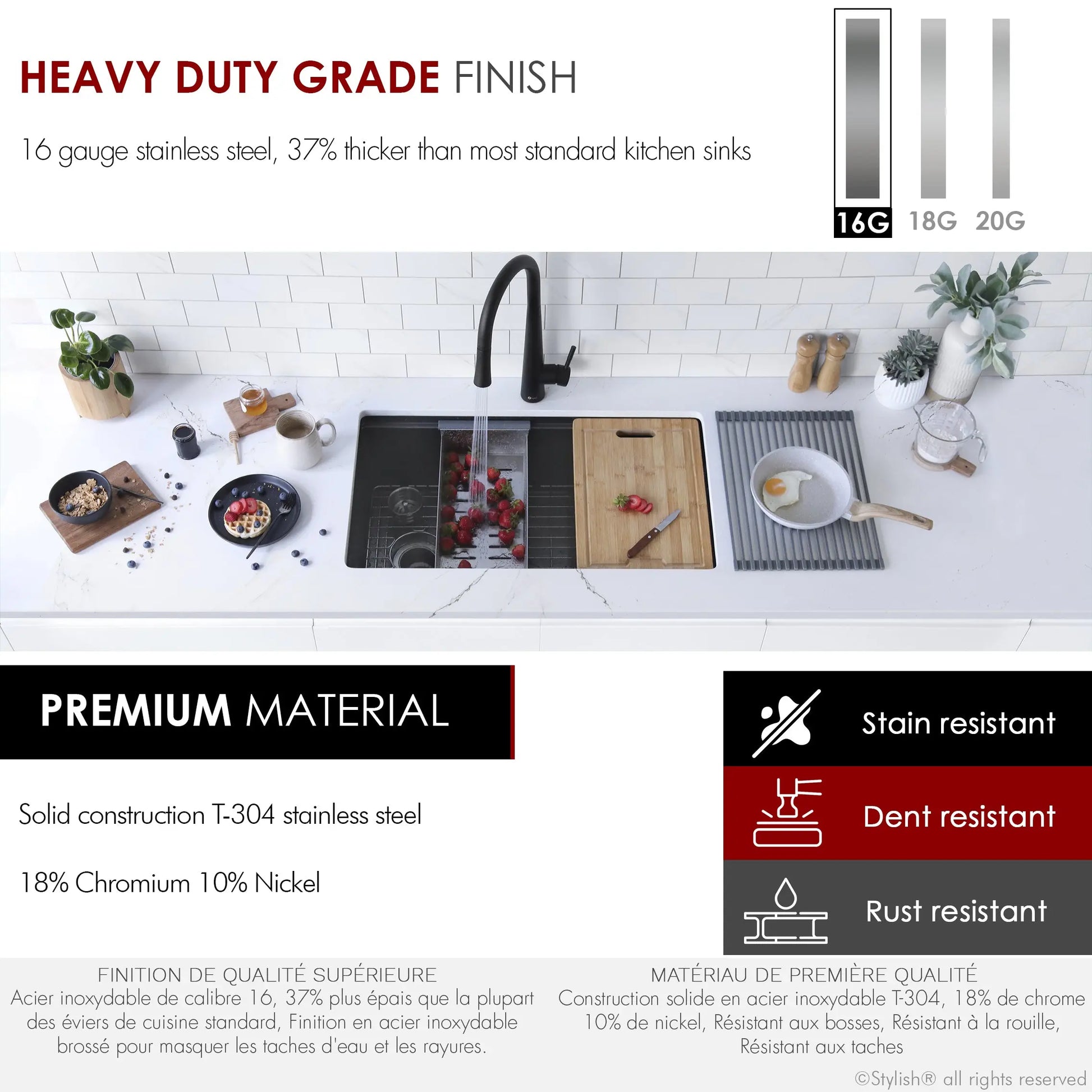 STYLISH 33 inch Workstation Single Bowl Undermount 16 Gauge Stainless Steel Kitchen Sink with Built in Accessories S-613WN - Plumbing Market