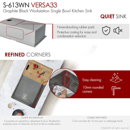 STYLISH 33 inch Workstation Single Bowl Undermount 16 Gauge Stainless Steel Kitchen Sink with Built in Accessories S-613WN - Plumbing Market