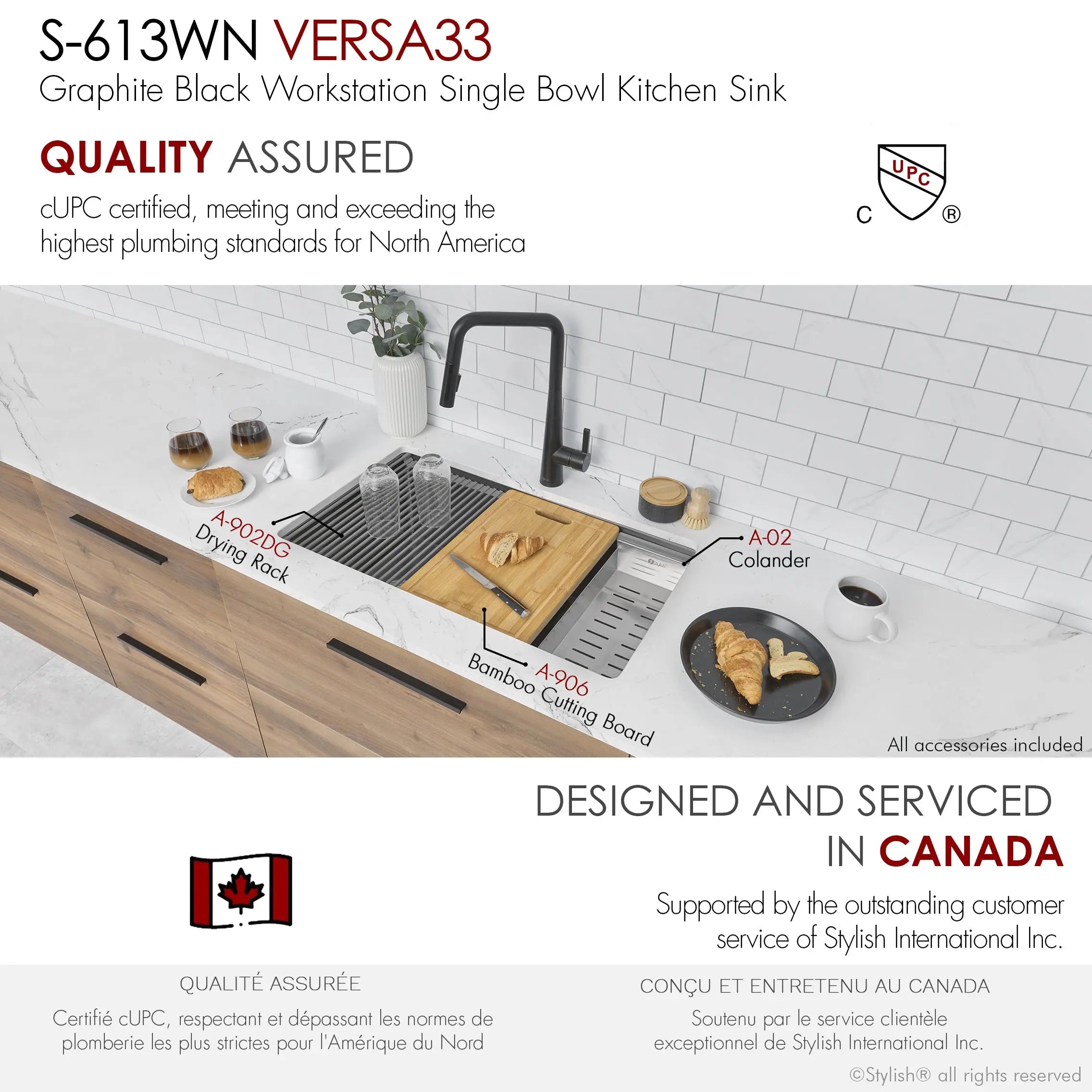 STYLISH 33 inch Workstation Single Bowl Undermount 16 Gauge Stainless Steel Kitchen Sink with Built in Accessories S-613WN - Plumbing Market