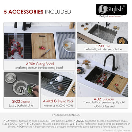 STYLISH 33 inch Workstation Single Bowl Undermount 16 Gauge Stainless Steel Kitchen Sink with Built in Accessories S-613WN - Plumbing Market