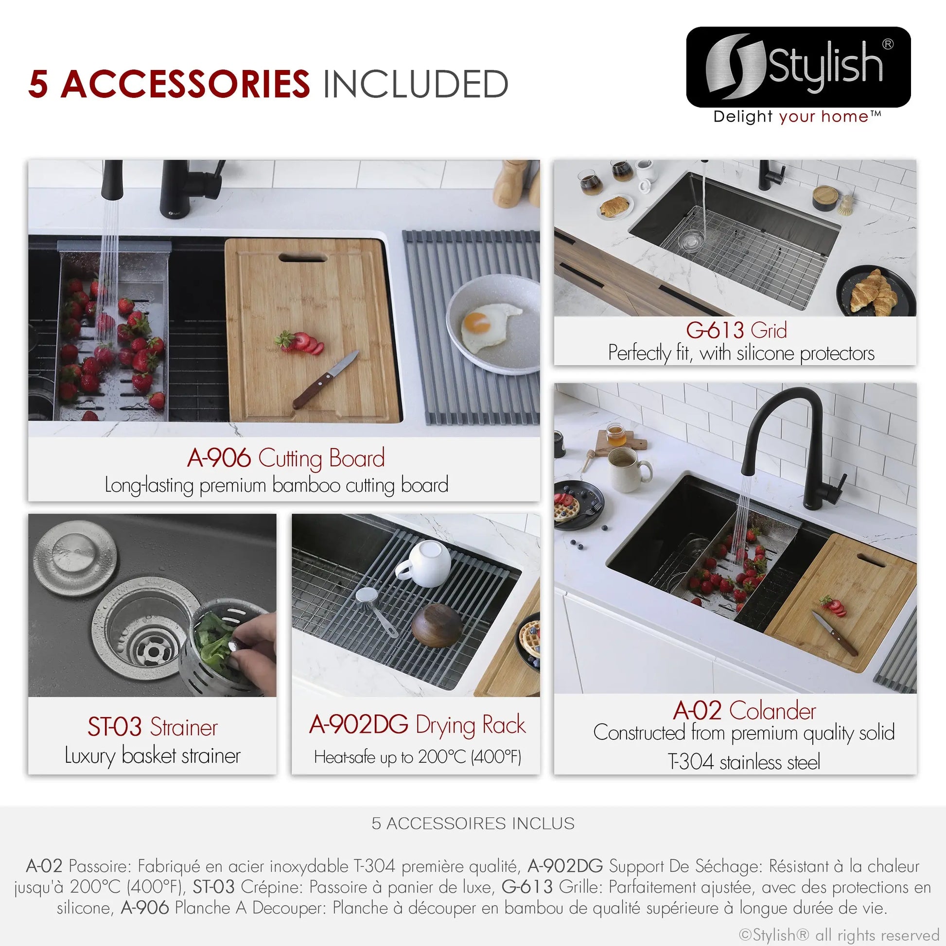 STYLISH 33 inch Workstation Single Bowl Undermount 16 Gauge Stainless Steel Kitchen Sink with Built in Accessories S-613WN - Plumbing Market