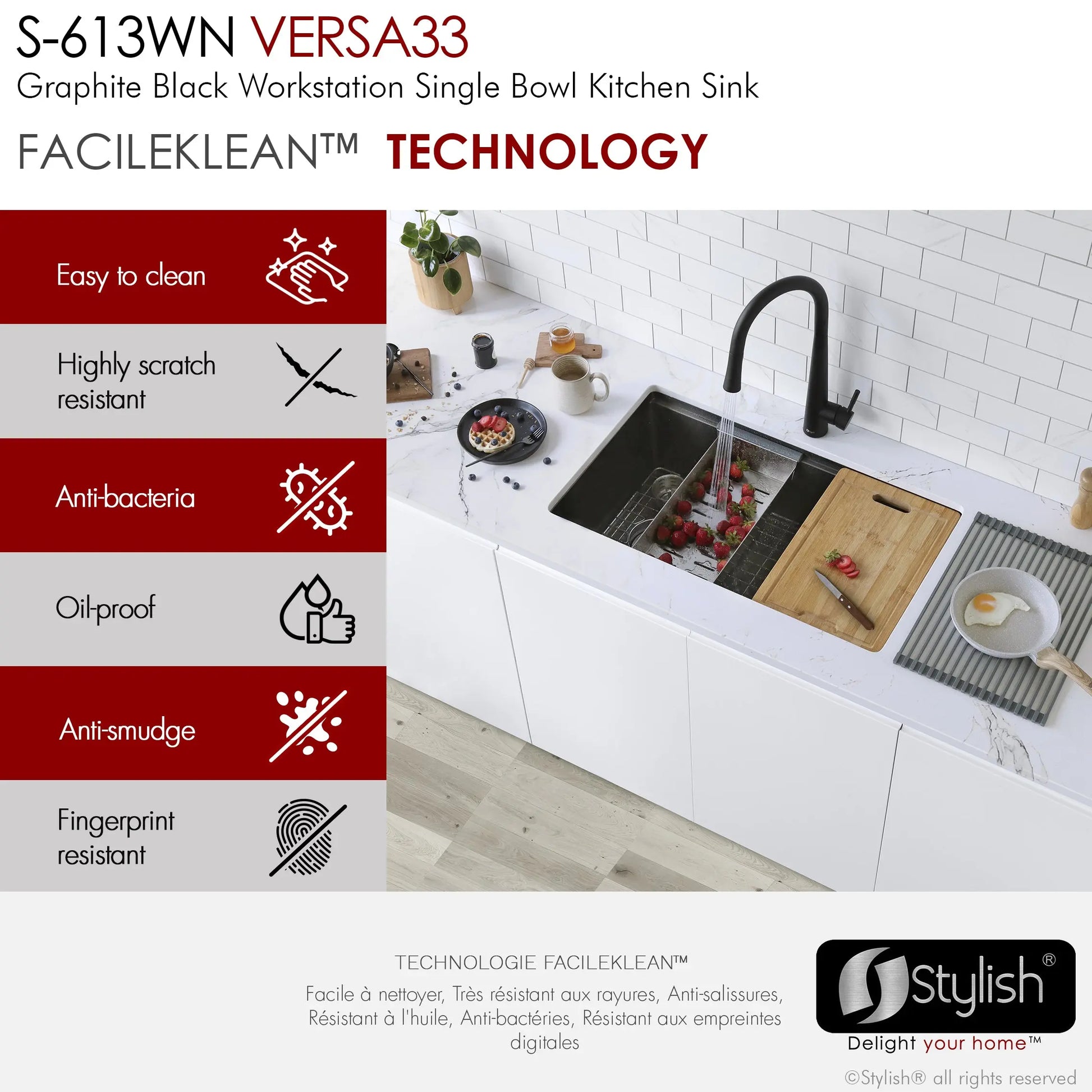 STYLISH 33 inch Workstation Single Bowl Undermount 16 Gauge Stainless Steel Kitchen Sink with Built in Accessories S-613WN - Plumbing Market