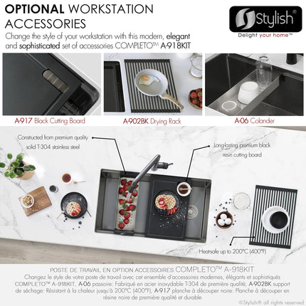 STYLISH 33 inch Workstation Single Bowl Undermount 16 Gauge Stainless Steel Kitchen Sink with Built in Accessories S-613WN - Plumbing Market