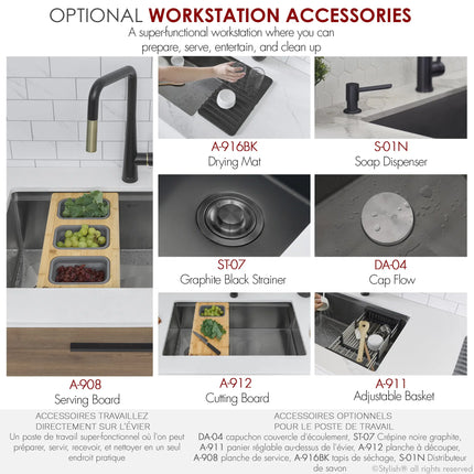 STYLISH 33 inch Workstation Single Bowl Undermount 16 Gauge Stainless Steel Kitchen Sink with Built in Accessories S-613WN - Plumbing Market