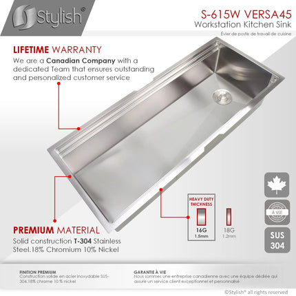 STYLISH 45 inch Ledge Workstation Single Bowl Undermount 16 Gauge Stainless Steel Kitchen Sink with Built in Accessories S-615W - Plumbing Market