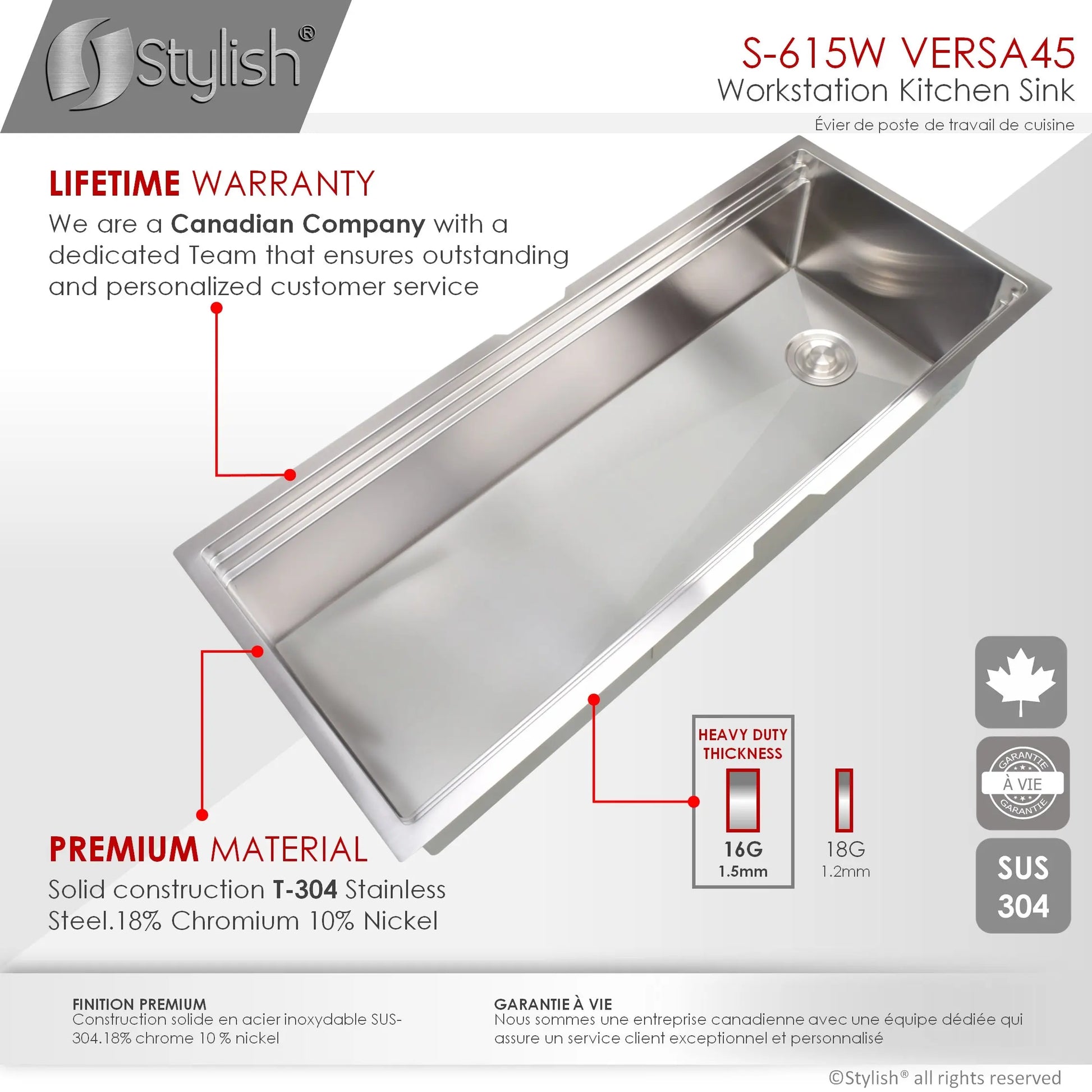 STYLISH 45 inch Ledge Workstation Single Bowl Undermount 16 Gauge Stainless Steel Kitchen Sink with Built in Accessories S-615W - Plumbing Market