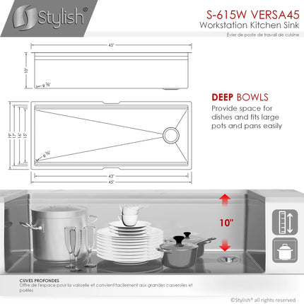 STYLISH 45 inch Ledge Workstation Single Bowl Undermount 16 Gauge Stainless Steel Kitchen Sink with Built in Accessories S-615W - Plumbing Market