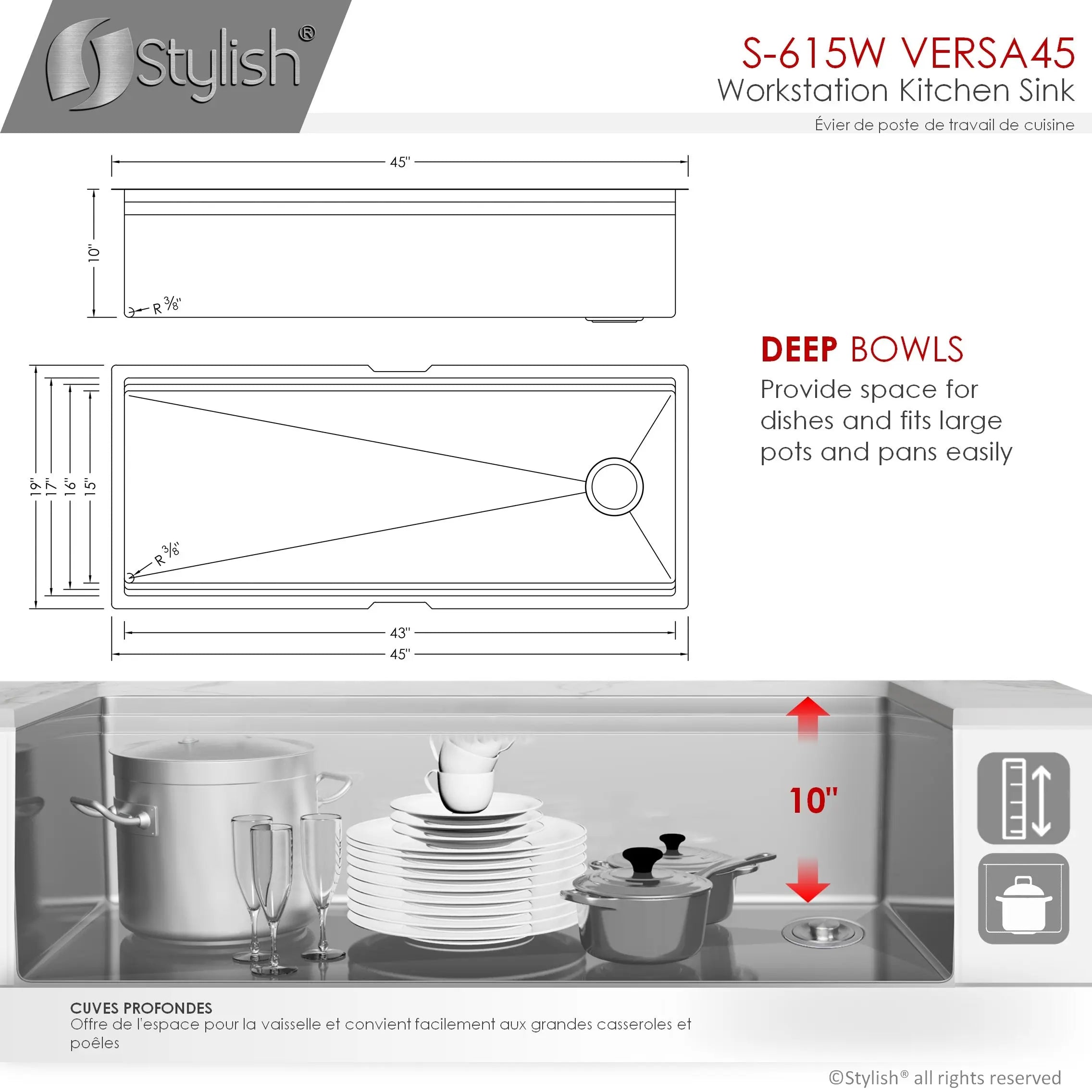 STYLISH 45 inch Ledge Workstation Single Bowl Undermount 16 Gauge Stainless Steel Kitchen Sink with Built in Accessories S-615W - Plumbing Market