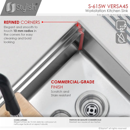 STYLISH 45 inch Ledge Workstation Single Bowl Undermount 16 Gauge Stainless Steel Kitchen Sink with Built in Accessories S-615W - Plumbing Market