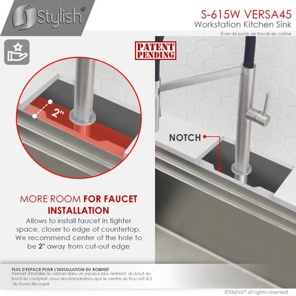 STYLISH 45 inch Ledge Workstation Single Bowl Undermount 16 Gauge Stainless Steel Kitchen Sink with Built in Accessories S-615W - Plumbing Market