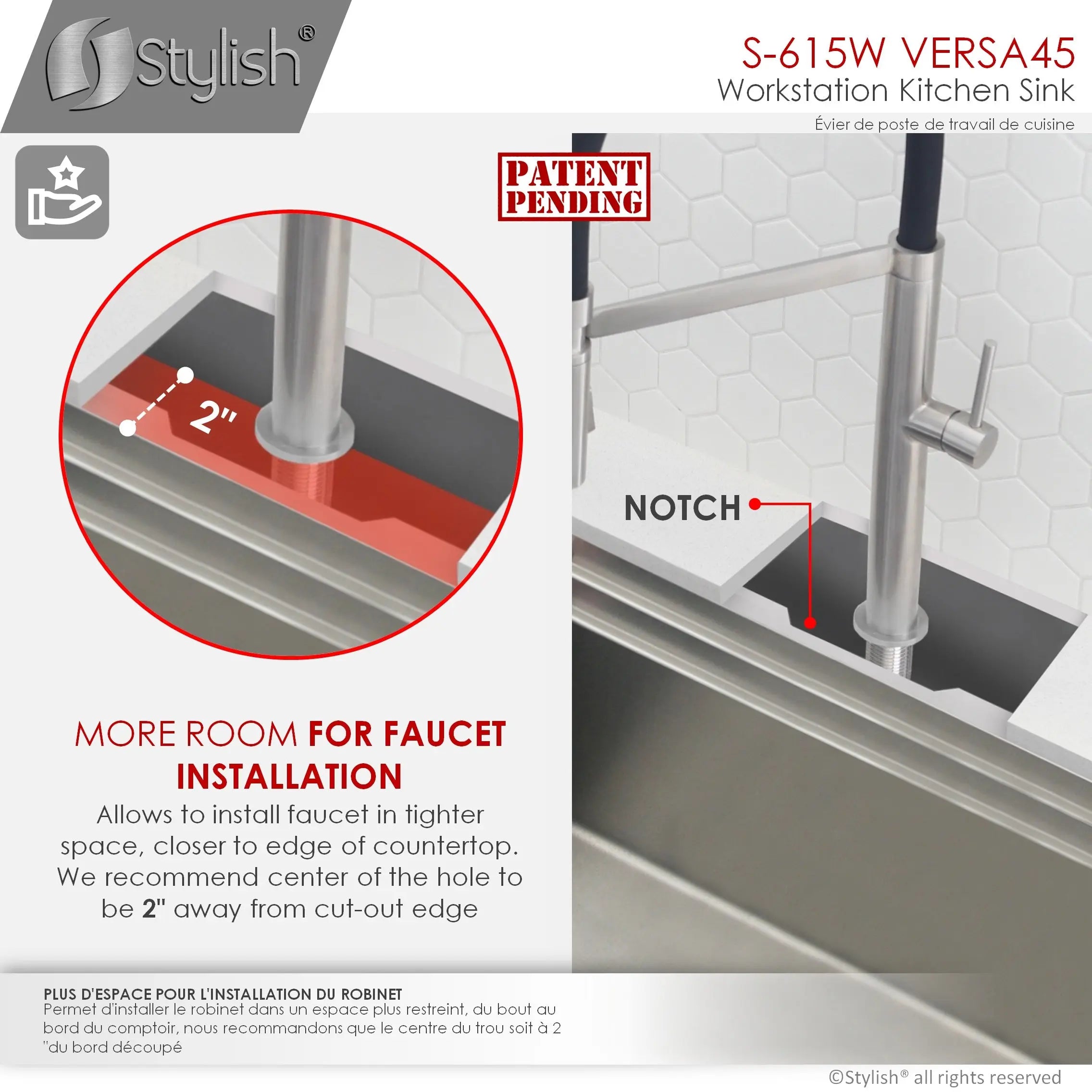 STYLISH 45 inch Ledge Workstation Single Bowl Undermount 16 Gauge Stainless Steel Kitchen Sink with Built in Accessories S-615W - Plumbing Market