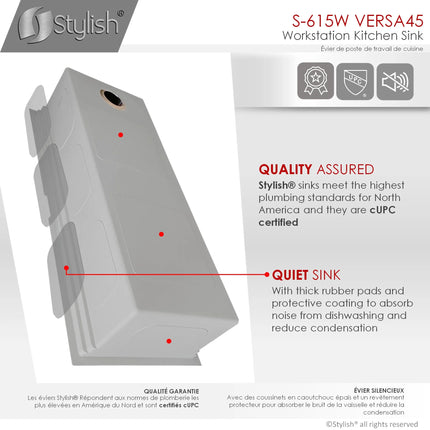 STYLISH 45 inch Ledge Workstation Single Bowl Undermount 16 Gauge Stainless Steel Kitchen Sink with Built in Accessories S-615W - Plumbing Market