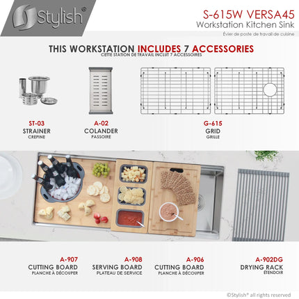 STYLISH 45 inch Ledge Workstation Single Bowl Undermount 16 Gauge Stainless Steel Kitchen Sink with Built in Accessories S-615W - Plumbing Market