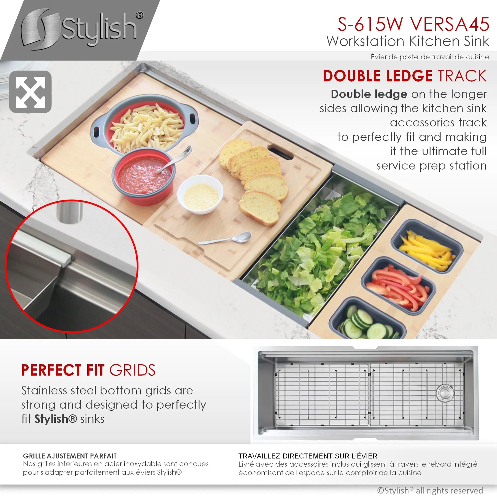 STYLISH 45 inch Ledge Workstation Single Bowl Undermount 16 Gauge Stainless Steel Kitchen Sink with Built in Accessories S-615W - Plumbing Market