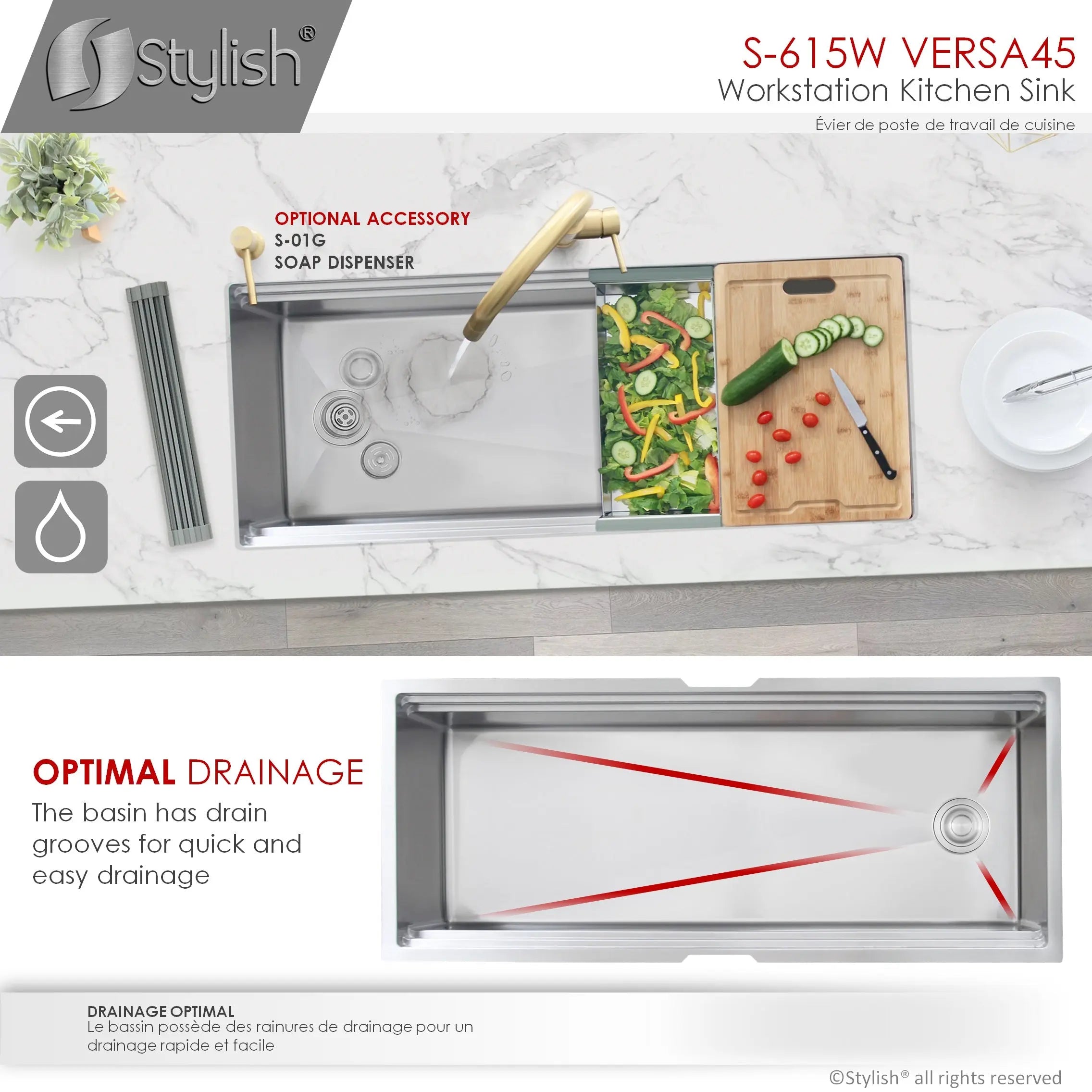 STYLISH 45 inch Ledge Workstation Single Bowl Undermount 16 Gauge Stainless Steel Kitchen Sink with Built in Accessories S-615W - Plumbing Market