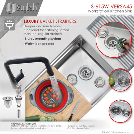 STYLISH 45 inch Ledge Workstation Single Bowl Undermount 16 Gauge Stainless Steel Kitchen Sink with Built in Accessories S-615W - Plumbing Market