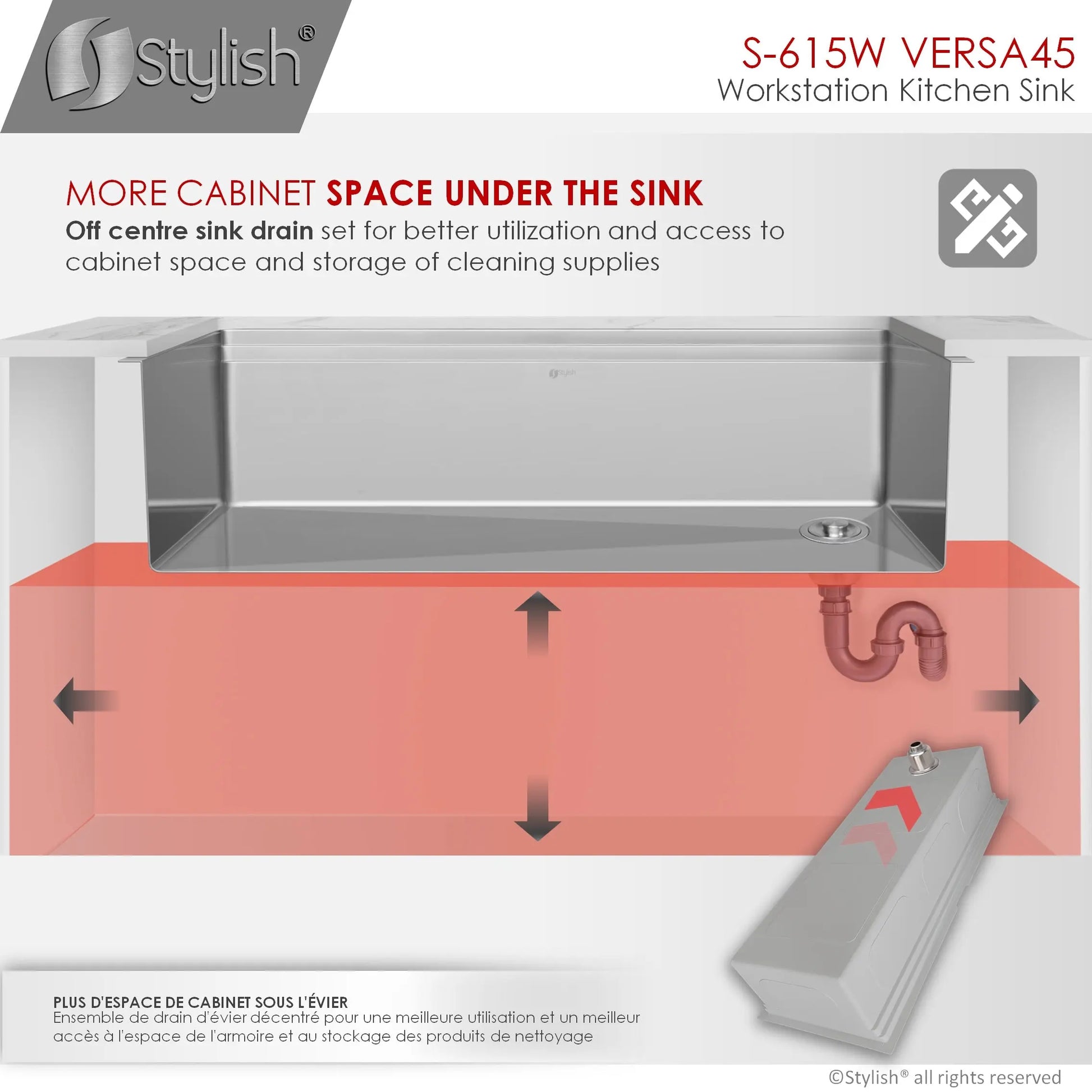 STYLISH 45 inch Ledge Workstation Single Bowl Undermount 16 Gauge Stainless Steel Kitchen Sink with Built in Accessories S-615W - Plumbing Market
