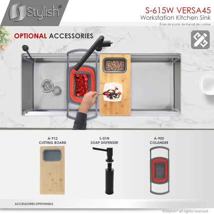 STYLISH 45 inch Ledge Workstation Single Bowl Undermount 16 Gauge Stainless Steel Kitchen Sink with Built in Accessories S-615W - Plumbing Market