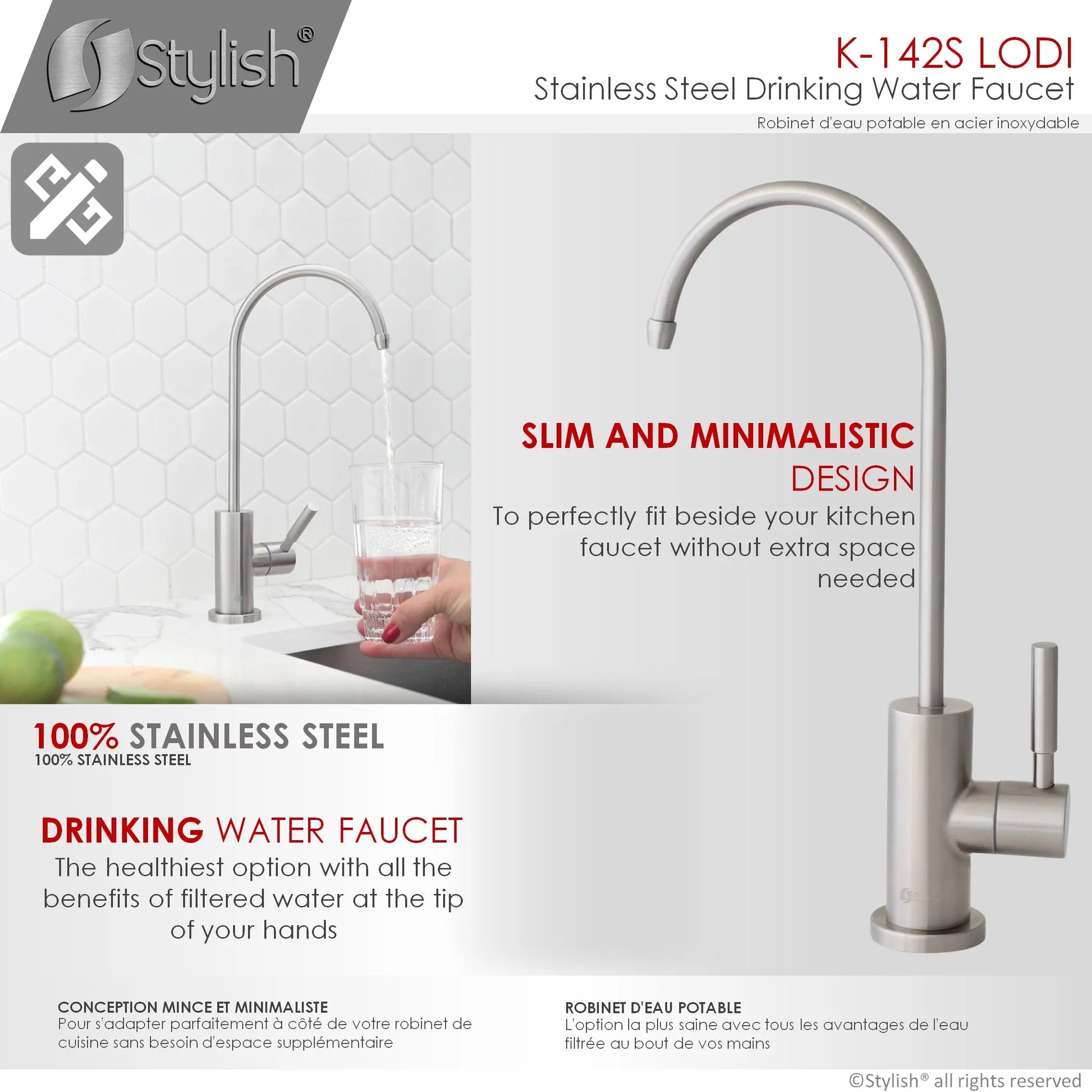 STYLISH Kitchen Sink Drinking Water Tap Faucet Stainless Steel Brushed Finish - Plumbing Market