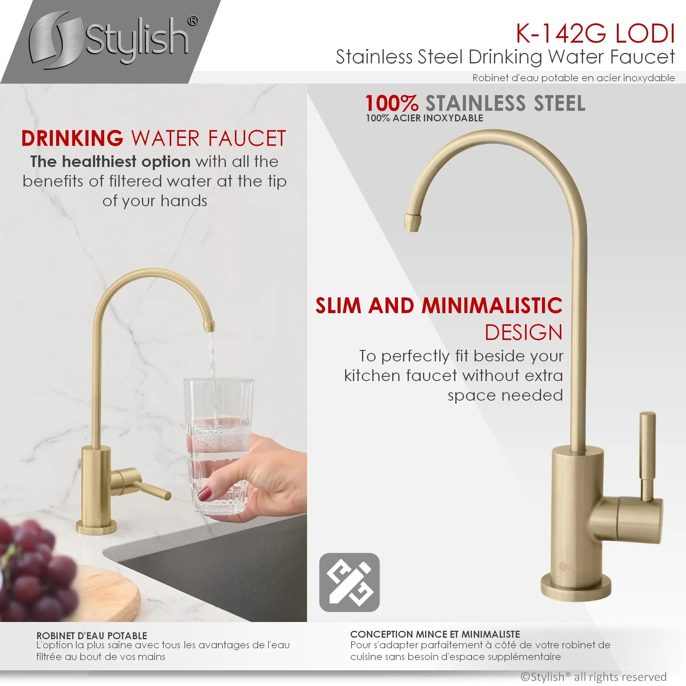 STYLISH Kitchen Sink Drinking Water Tap Faucet, Stainless Steel Brushed Gold Finish K-142G - Plumbing Market