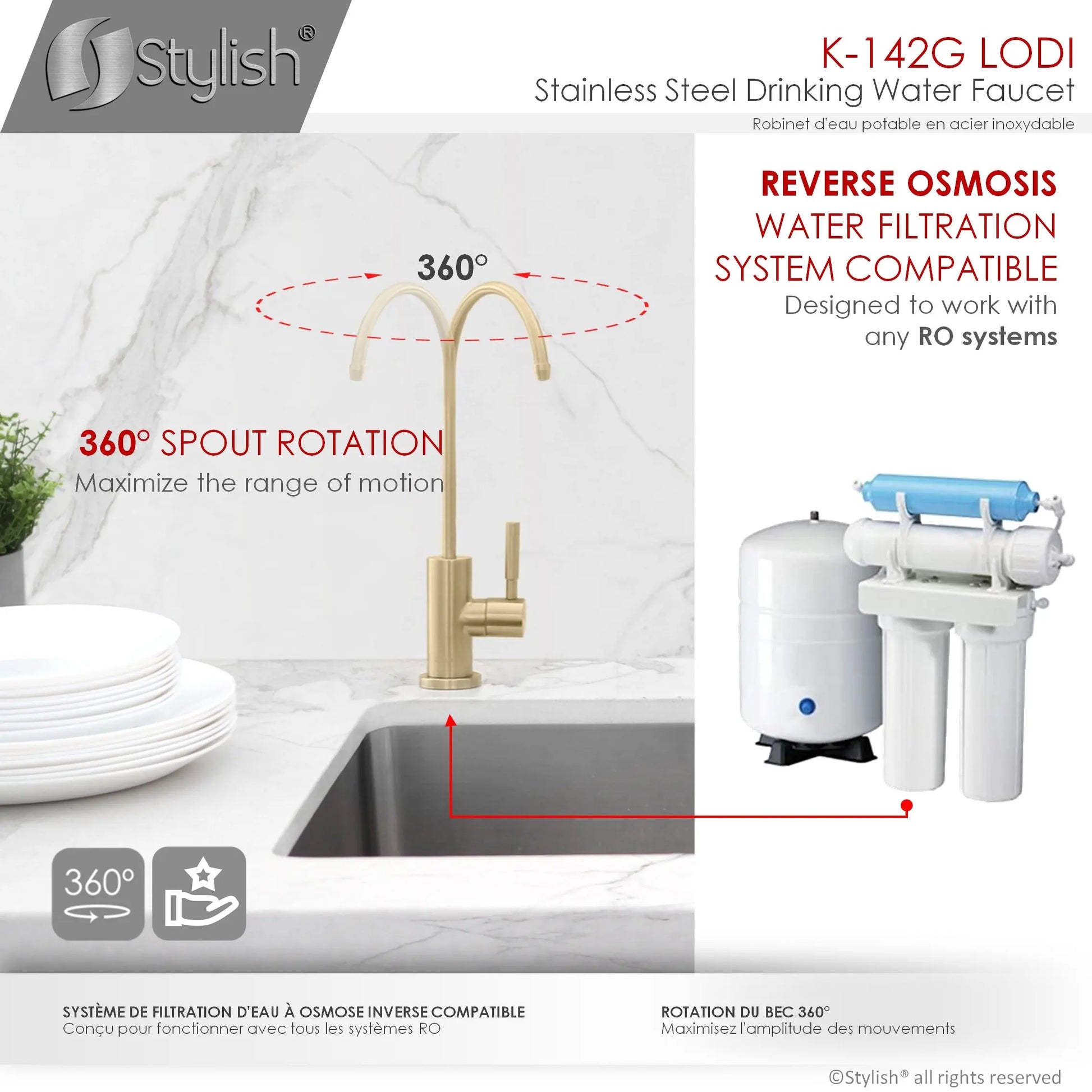 STYLISH Kitchen Sink Drinking Water Tap Faucet, Stainless Steel Brushed Gold Finish K-142G - Plumbing Market