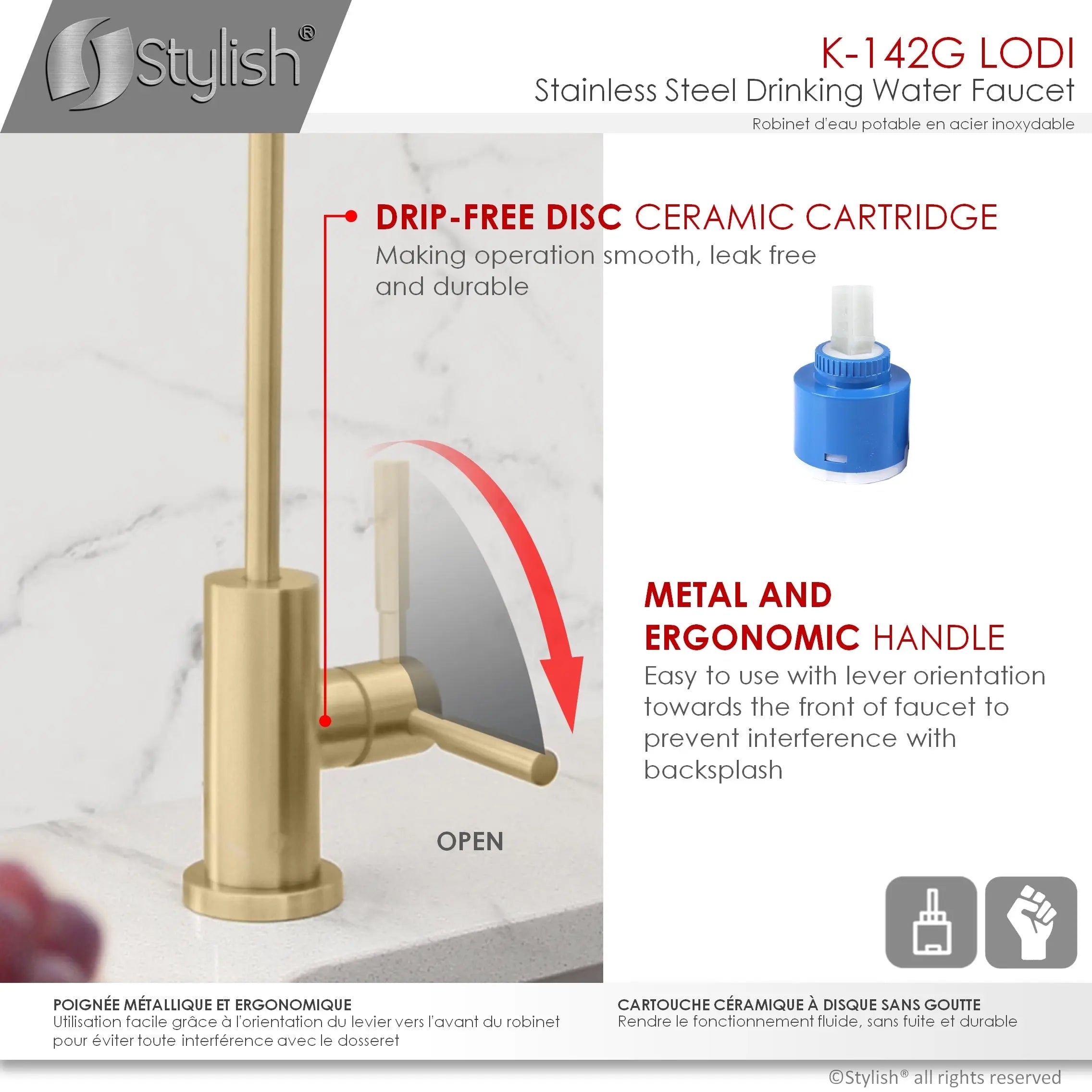 STYLISH Kitchen Sink Drinking Water Tap Faucet, Stainless Steel Brushed Gold Finish K-142G - Plumbing Market
