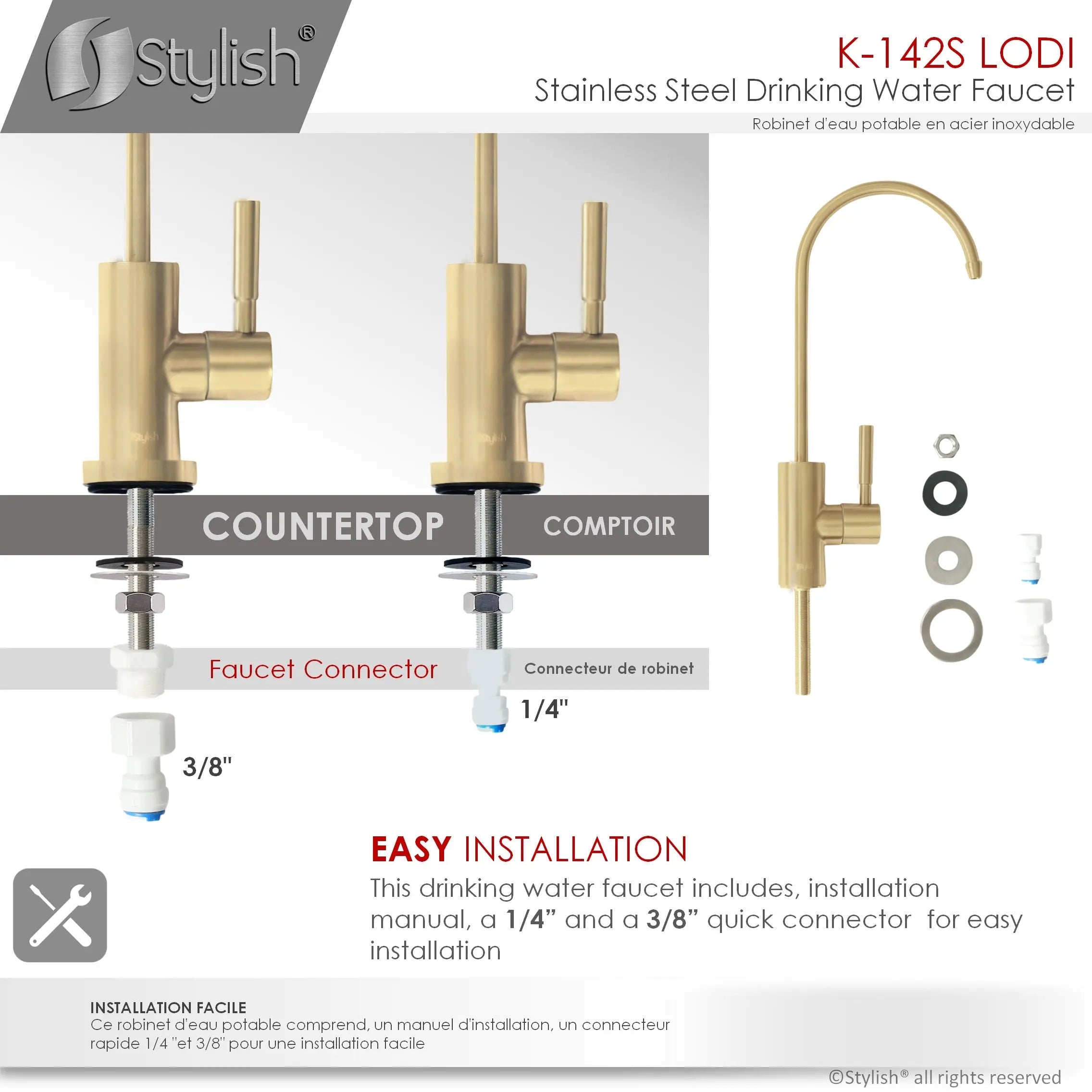 STYLISH Kitchen Sink Drinking Water Tap Faucet, Stainless Steel Brushed Gold Finish K-142G - Plumbing Market