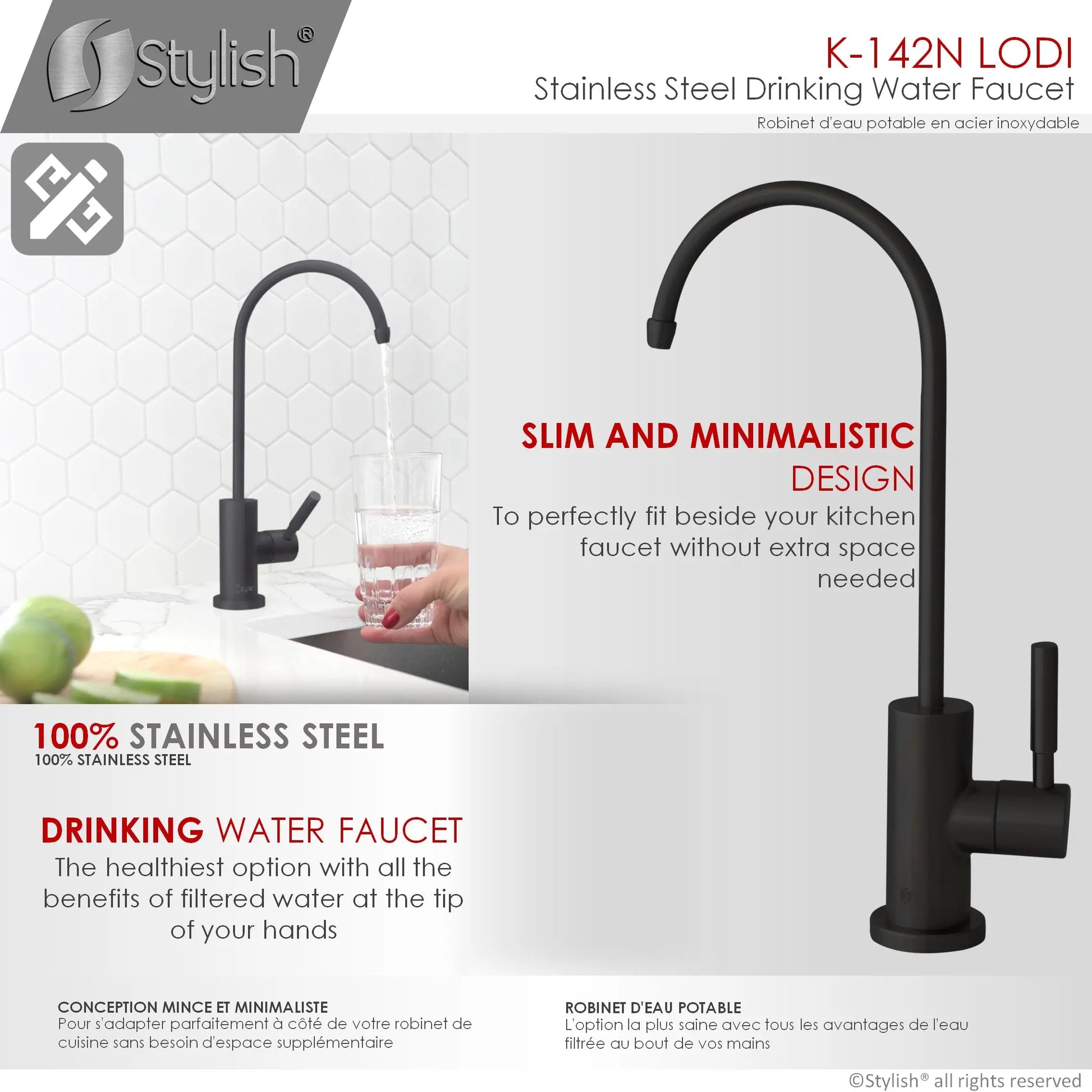 STYLISH Kitchen Sink Drinking Water Tap Faucet, Stainless Steel Matte Black Finish K-142N - Plumbing Market