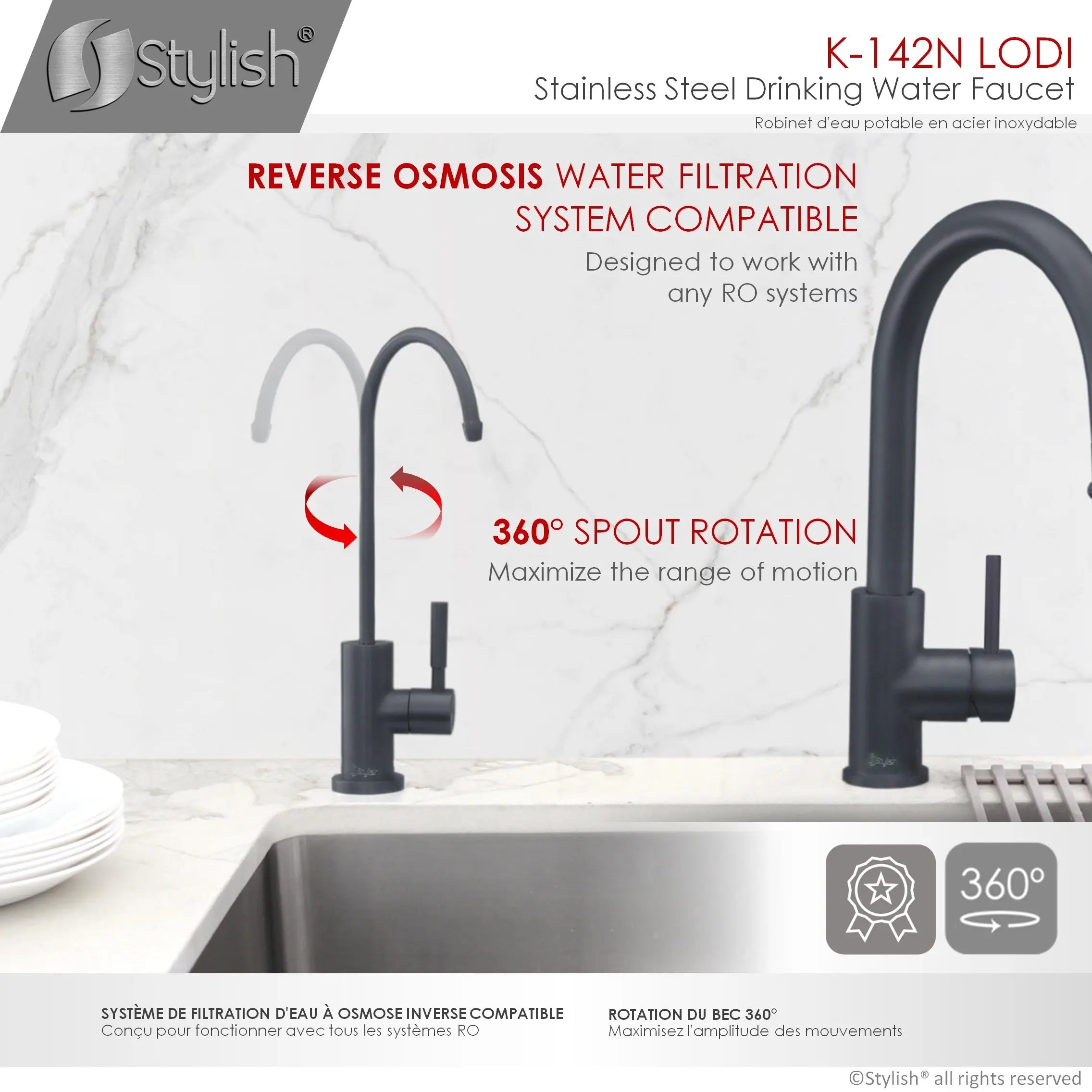 STYLISH Kitchen Sink Drinking Water Tap Faucet, Stainless Steel Matte Black Finish K-142N - Plumbing Market