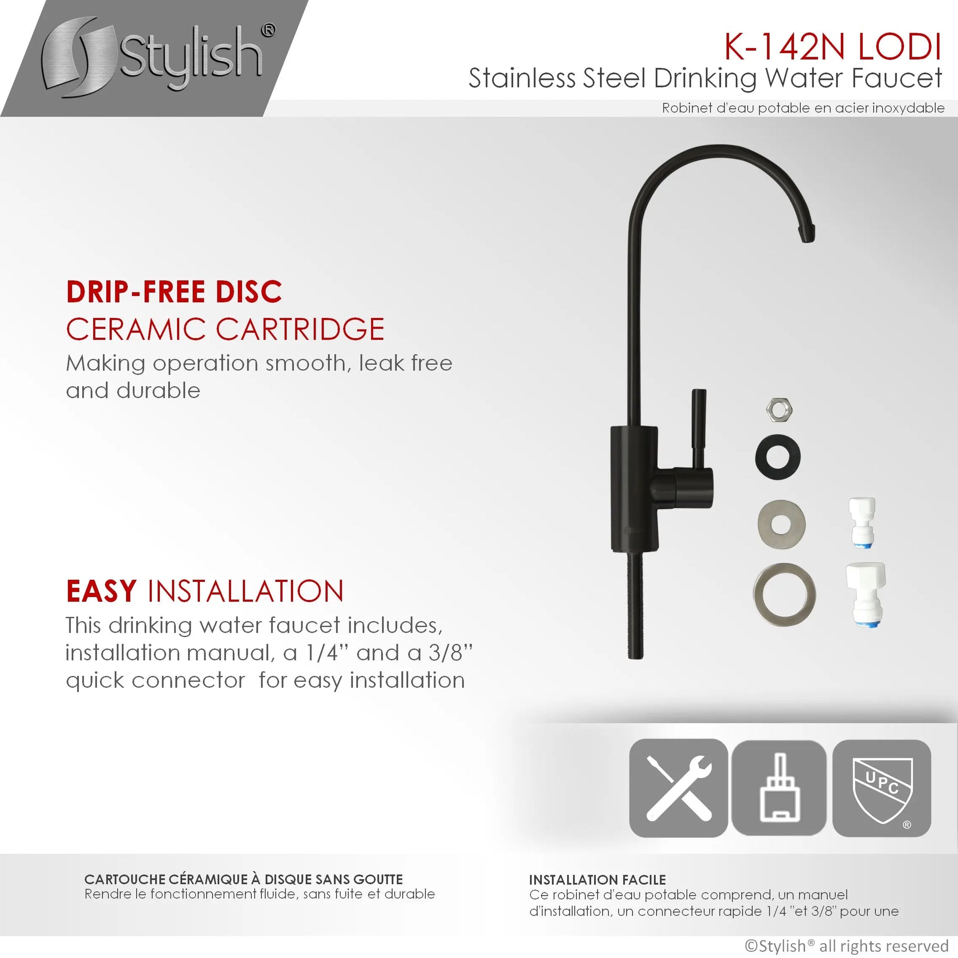 STYLISH Kitchen Sink Drinking Water Tap Faucet, Stainless Steel Matte Black Finish K-142N - Plumbing Market