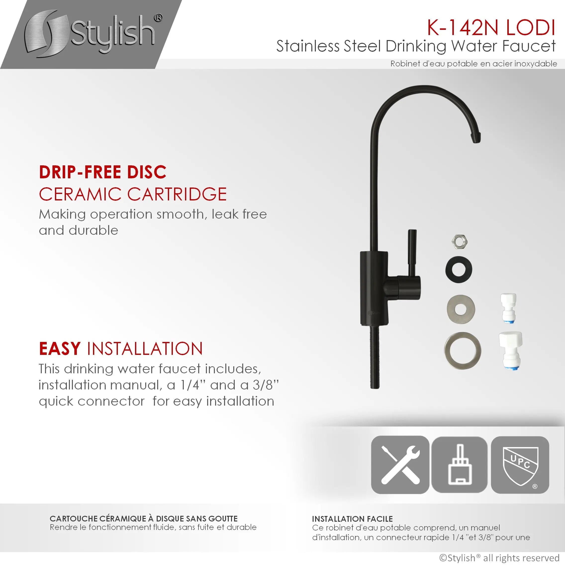 STYLISH Kitchen Sink Drinking Water Tap Faucet, Stainless Steel Matte Black Finish K-142N - Plumbing Market