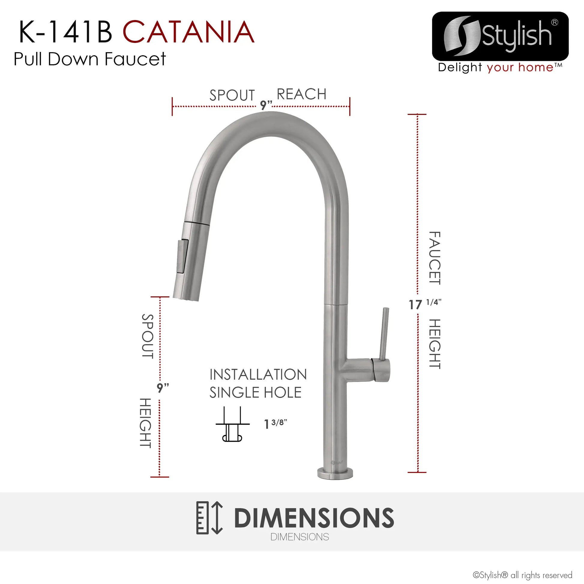 STYLISH Kitchen Sink Faucet Single Handle Pull Down Dual Mode Lead Free Brushed Nickel Finish K-141B - Plumbing Market