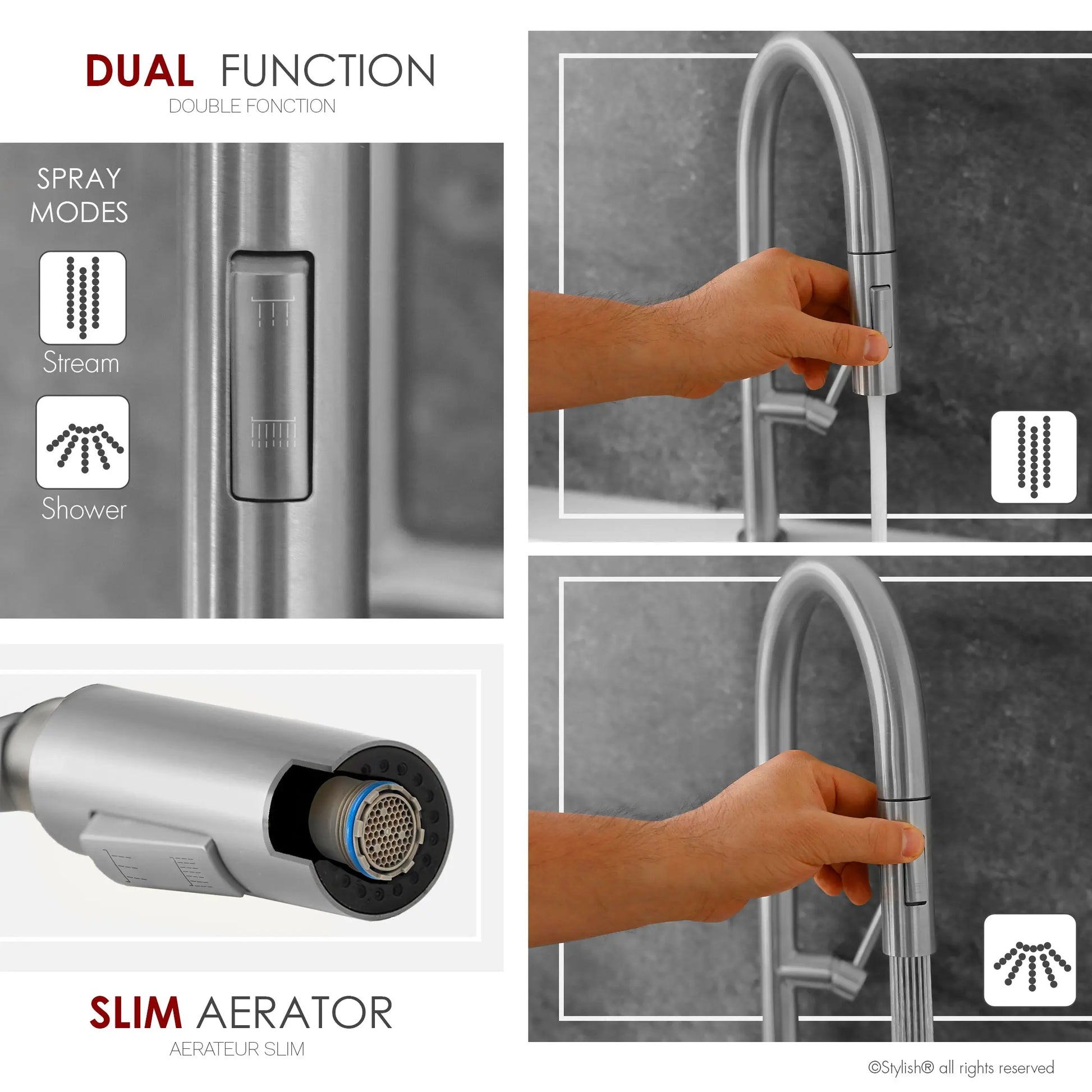 STYLISH Kitchen Sink Faucet Single Handle Pull Down Dual Mode Lead Free Brushed Nickel Finish K-141B - Plumbing Market
