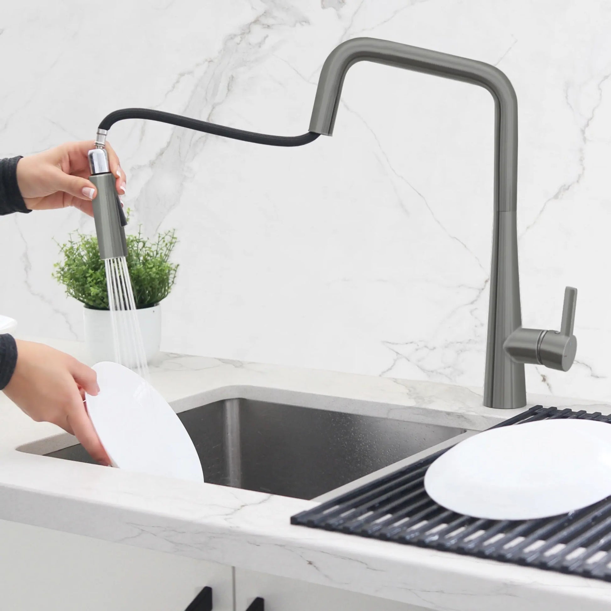 STYLISH Kitchen Sink Faucet Single Handle Pull Down Dual Mode Lead Free Gun Metal K-143P - Plumbing Market